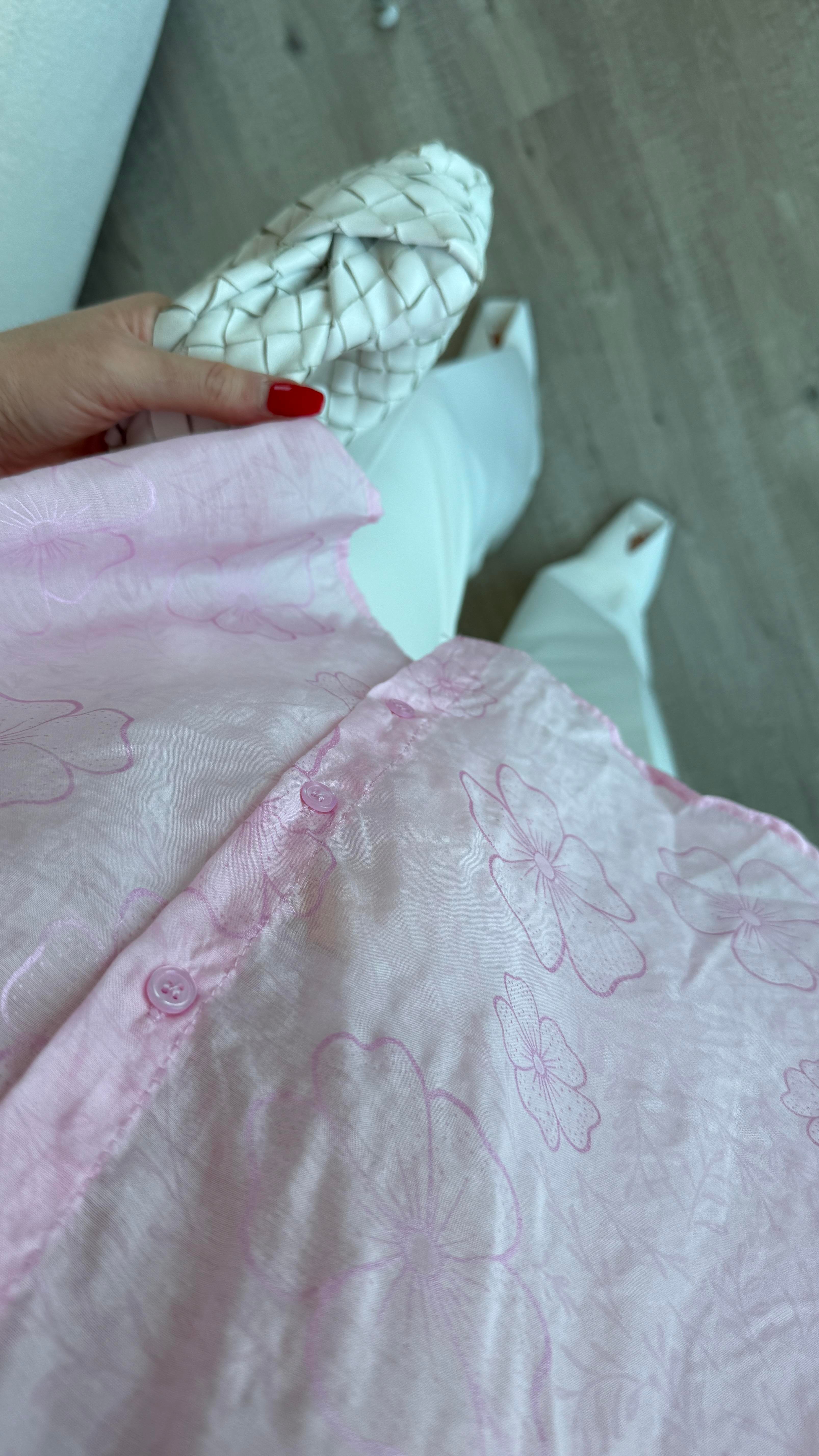 Pembe Çiçek Desenli Kısa Kollu Gömlek