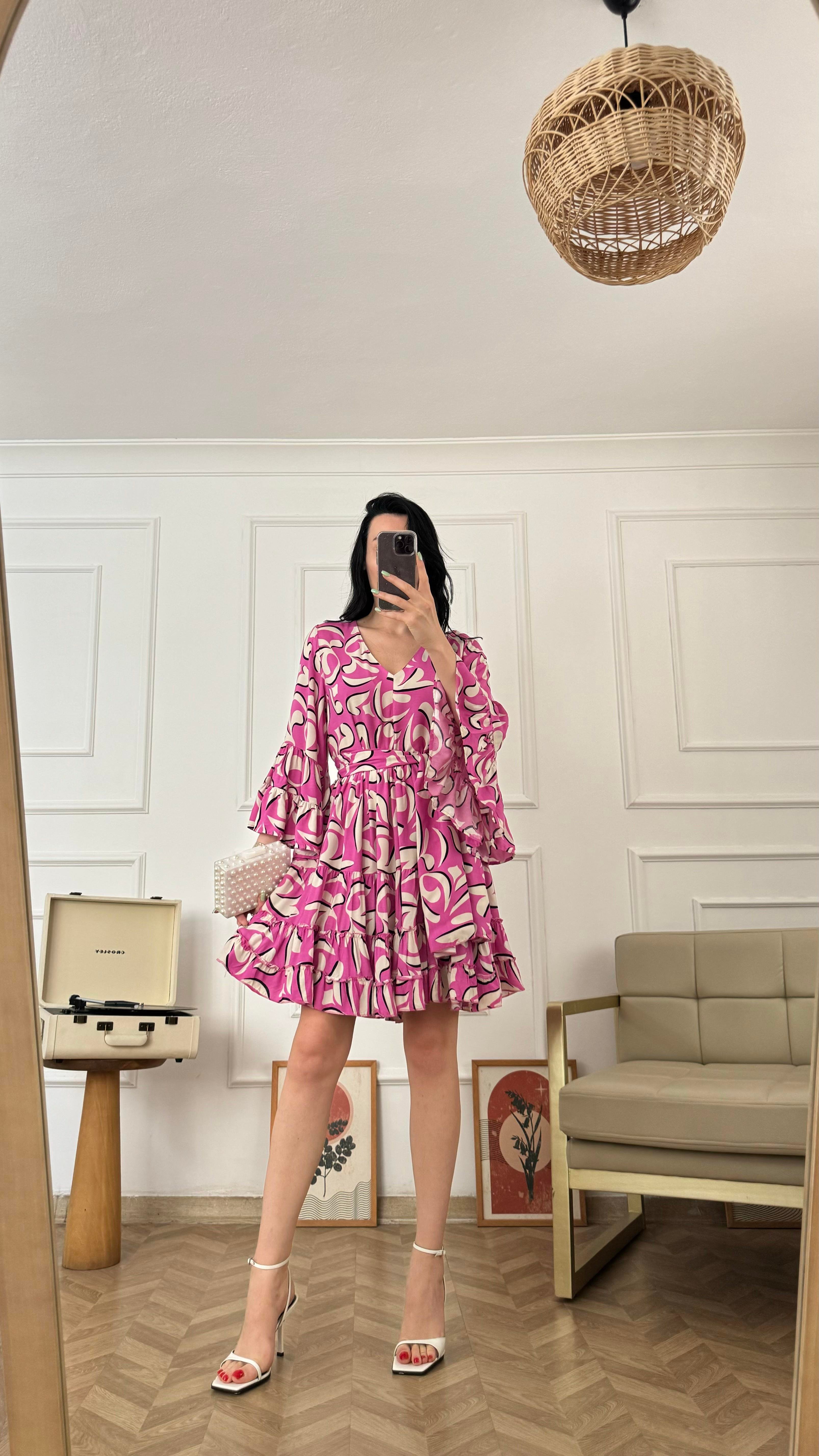 Pembe Desenli İspanyol Kol Elbise