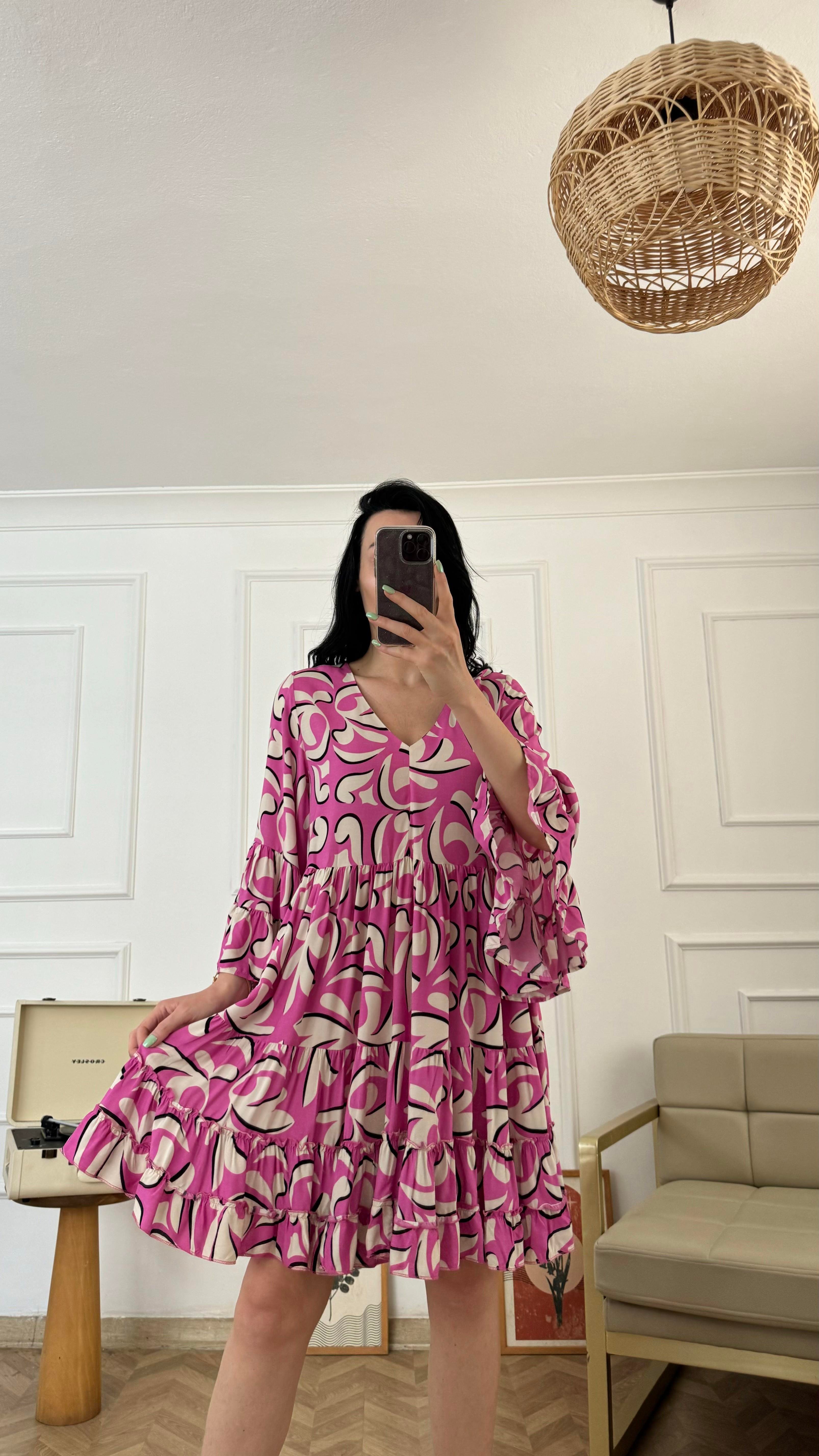 Pembe Desenli İspanyol Kol Elbise