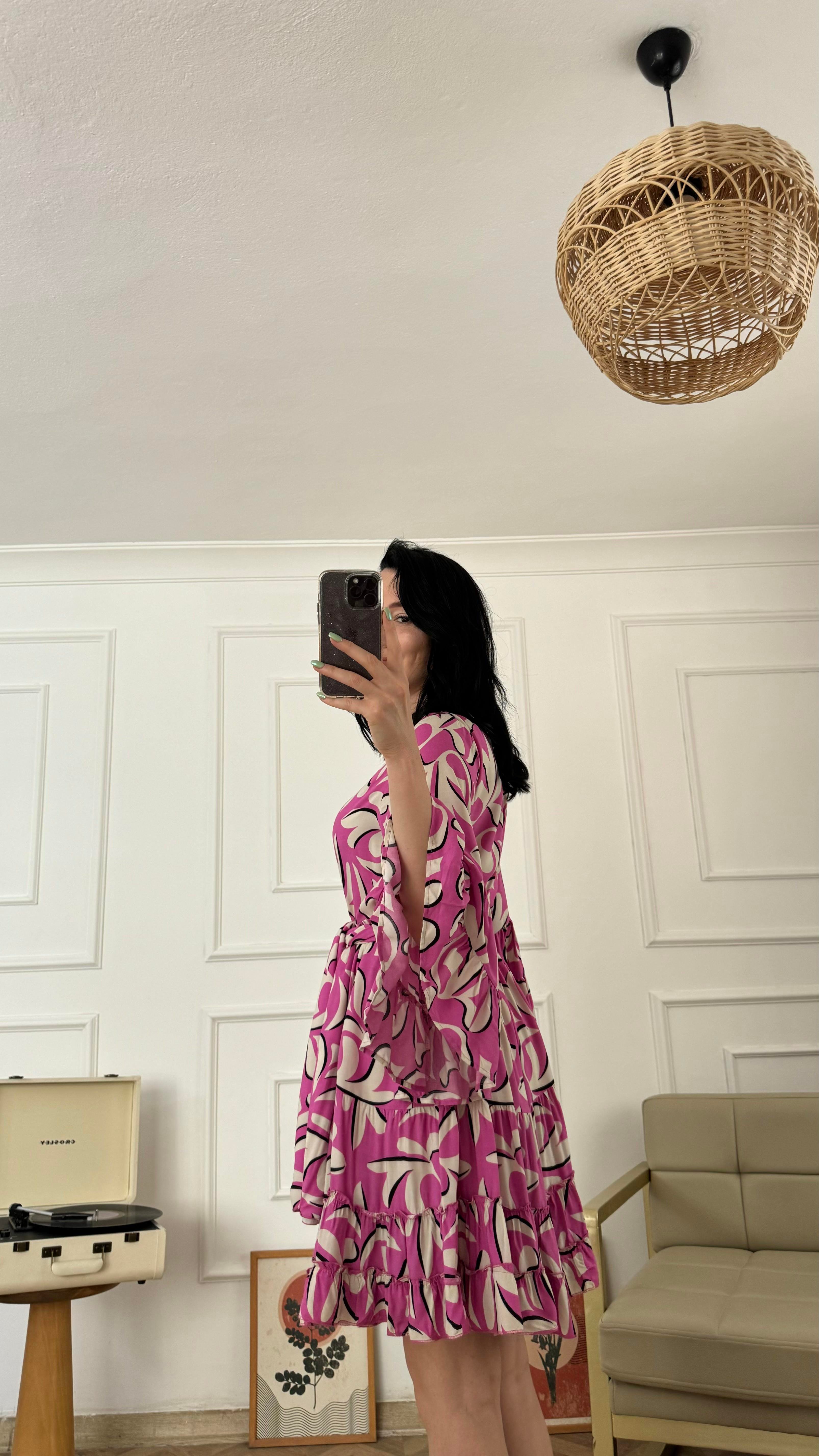 Pembe Desenli İspanyol Kol Elbise