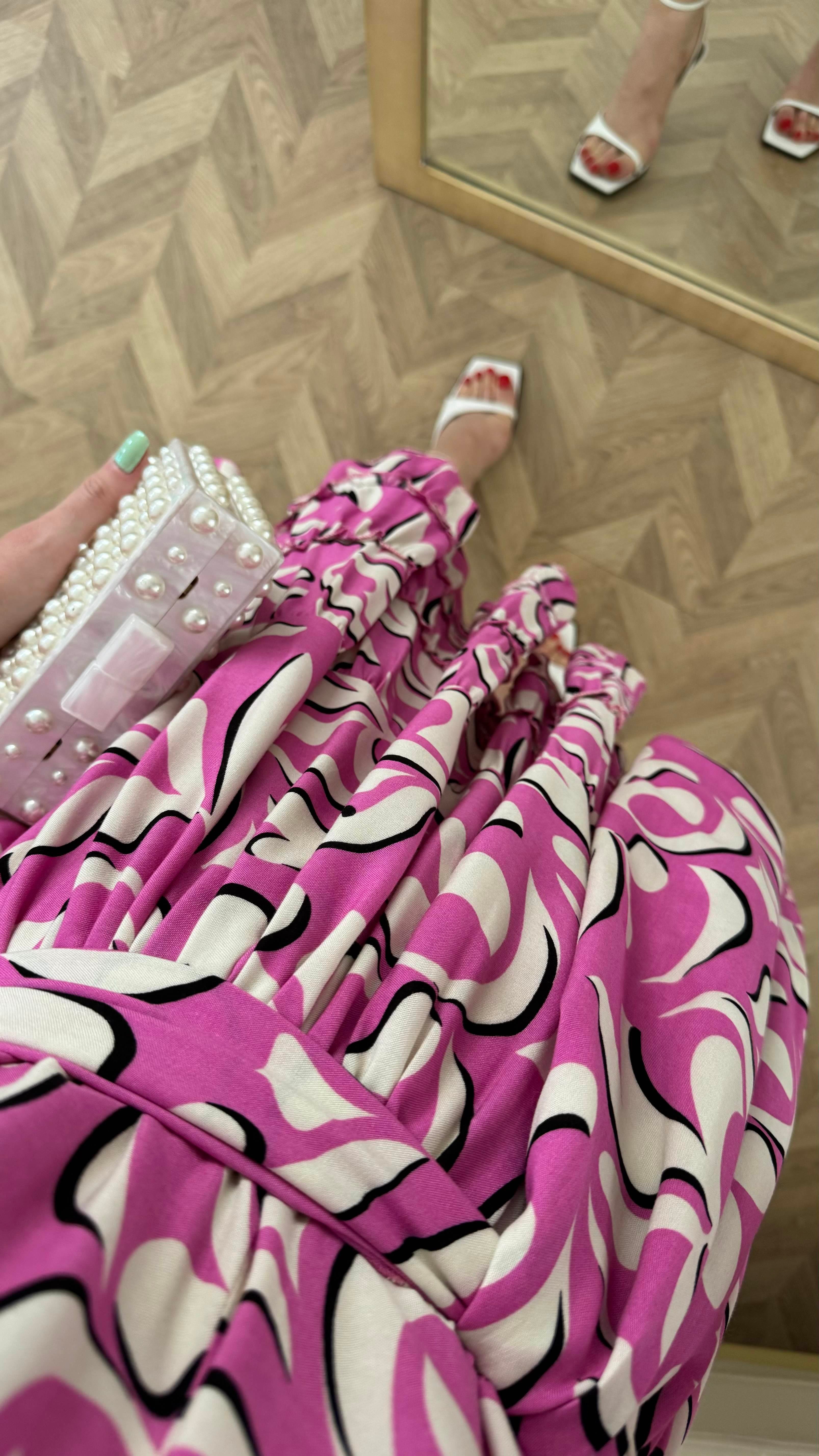 Pembe Desenli İspanyol Kol Elbise
