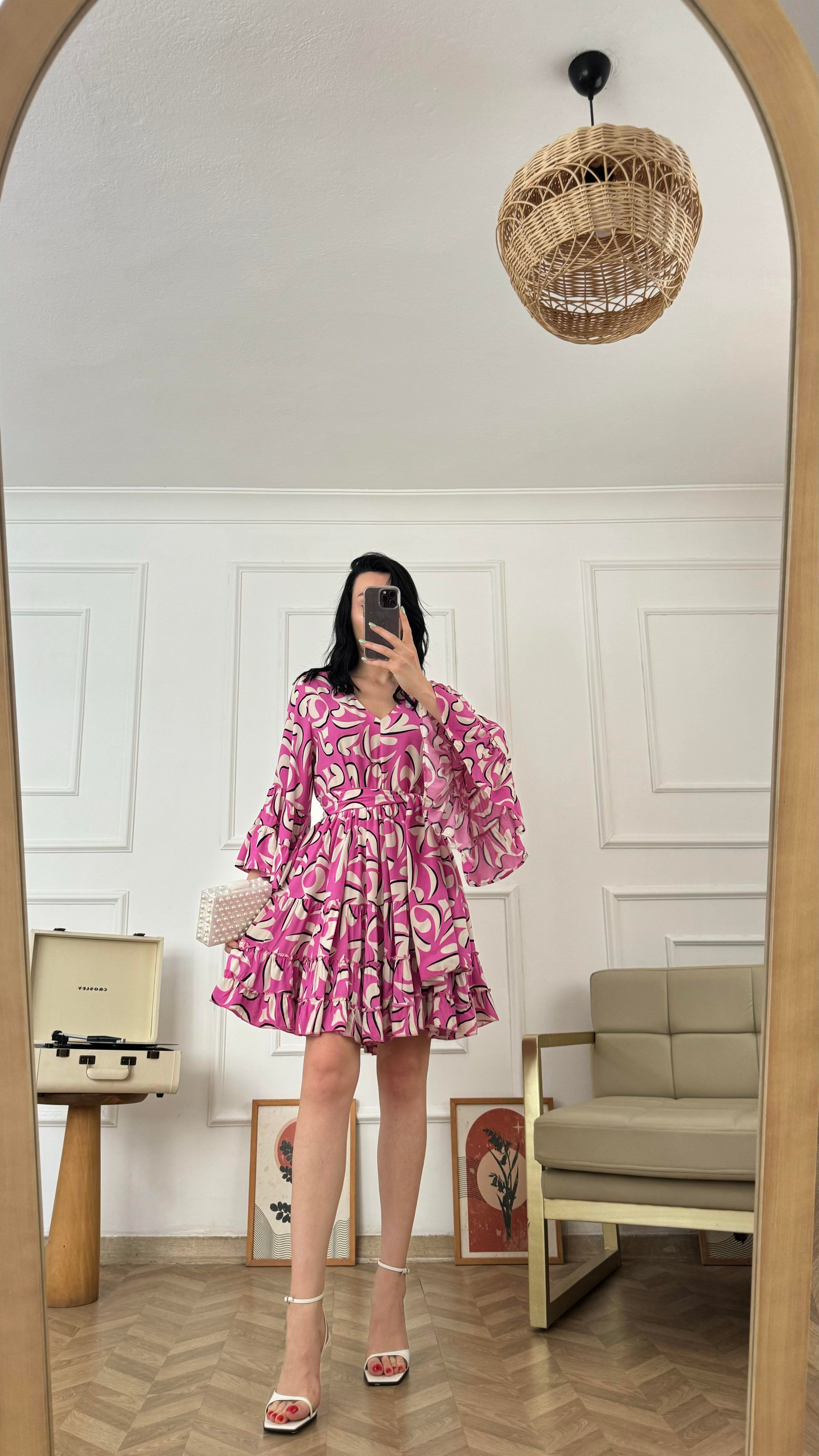 Pembe Desenli İspanyol Kol Elbise