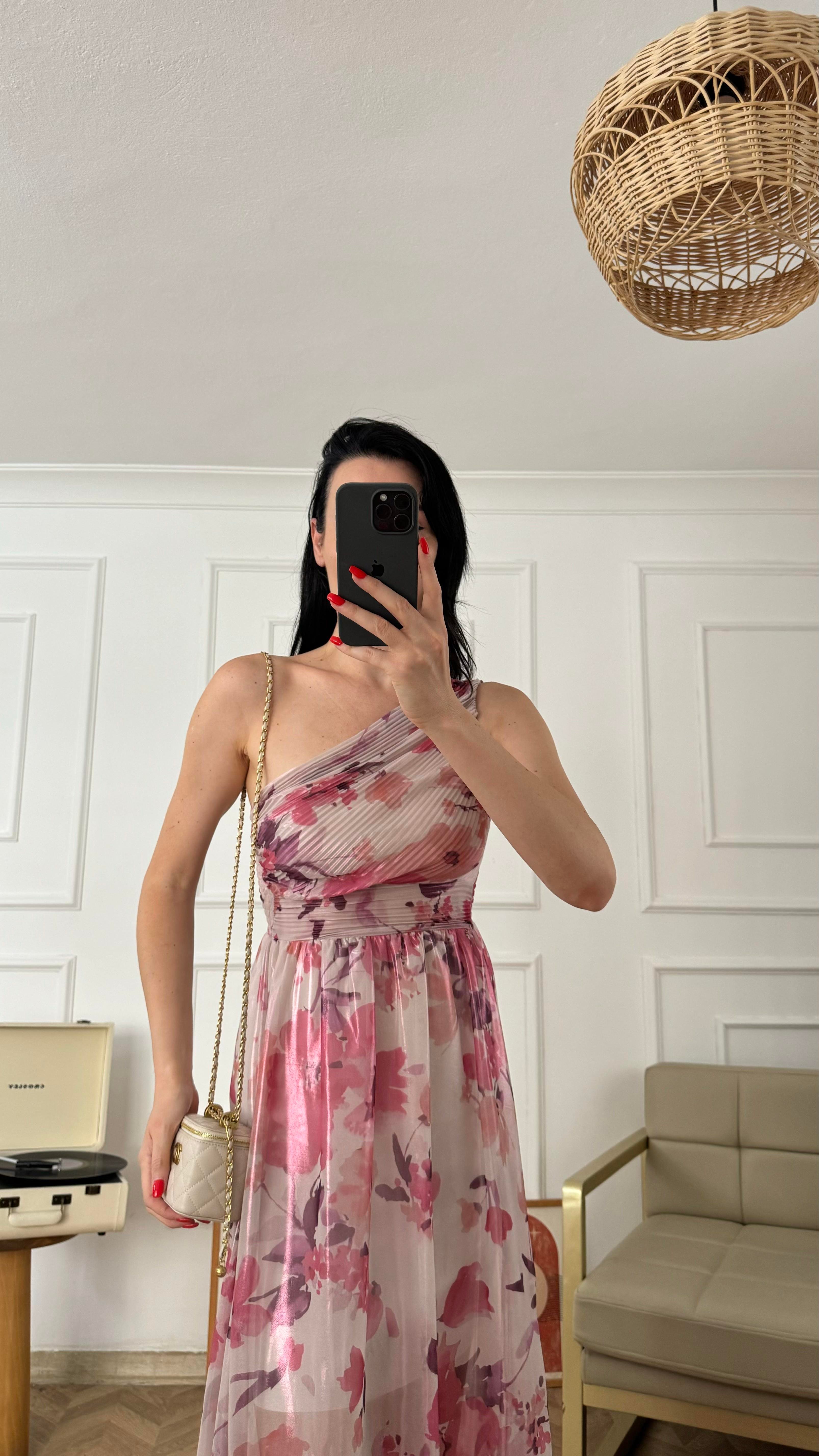 Pembe Desenli Tek Omuz Elbise