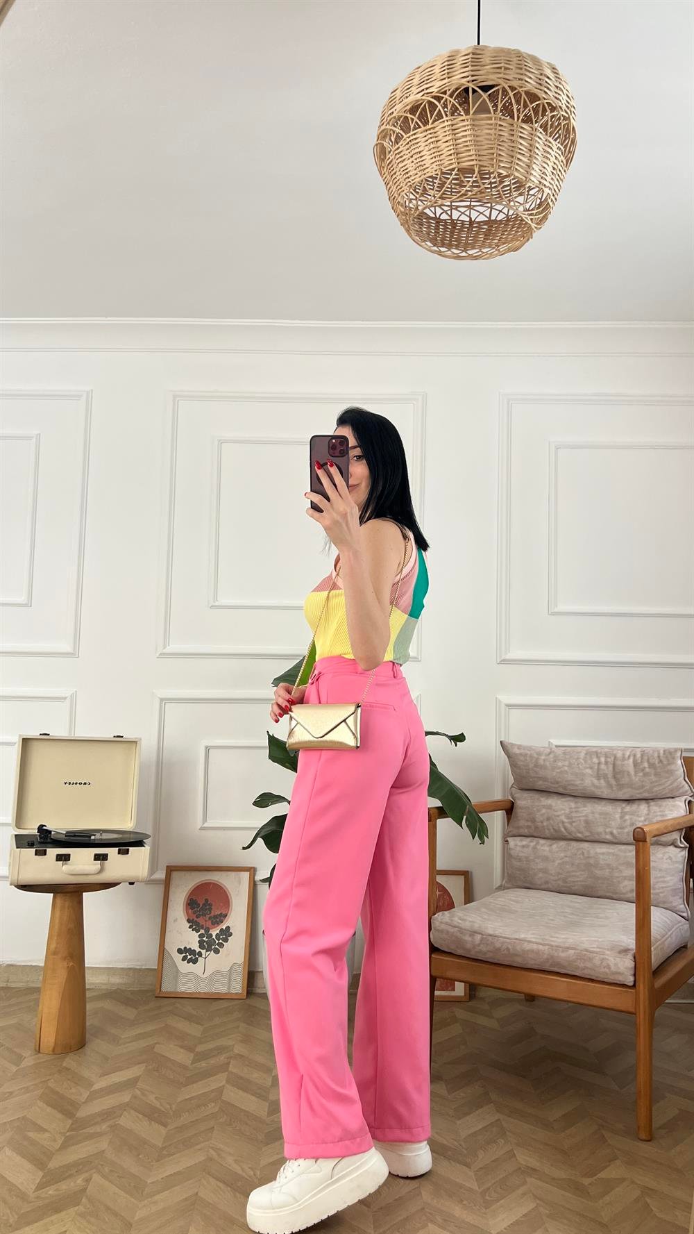 Pembe Düğme Detaylı Palazzo Pantolon