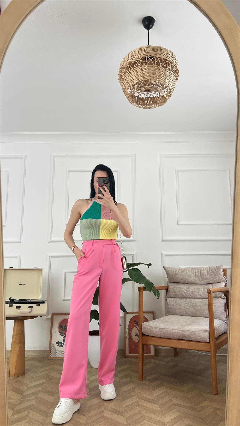 Pembe Düğme Detaylı Palazzo Pantolon