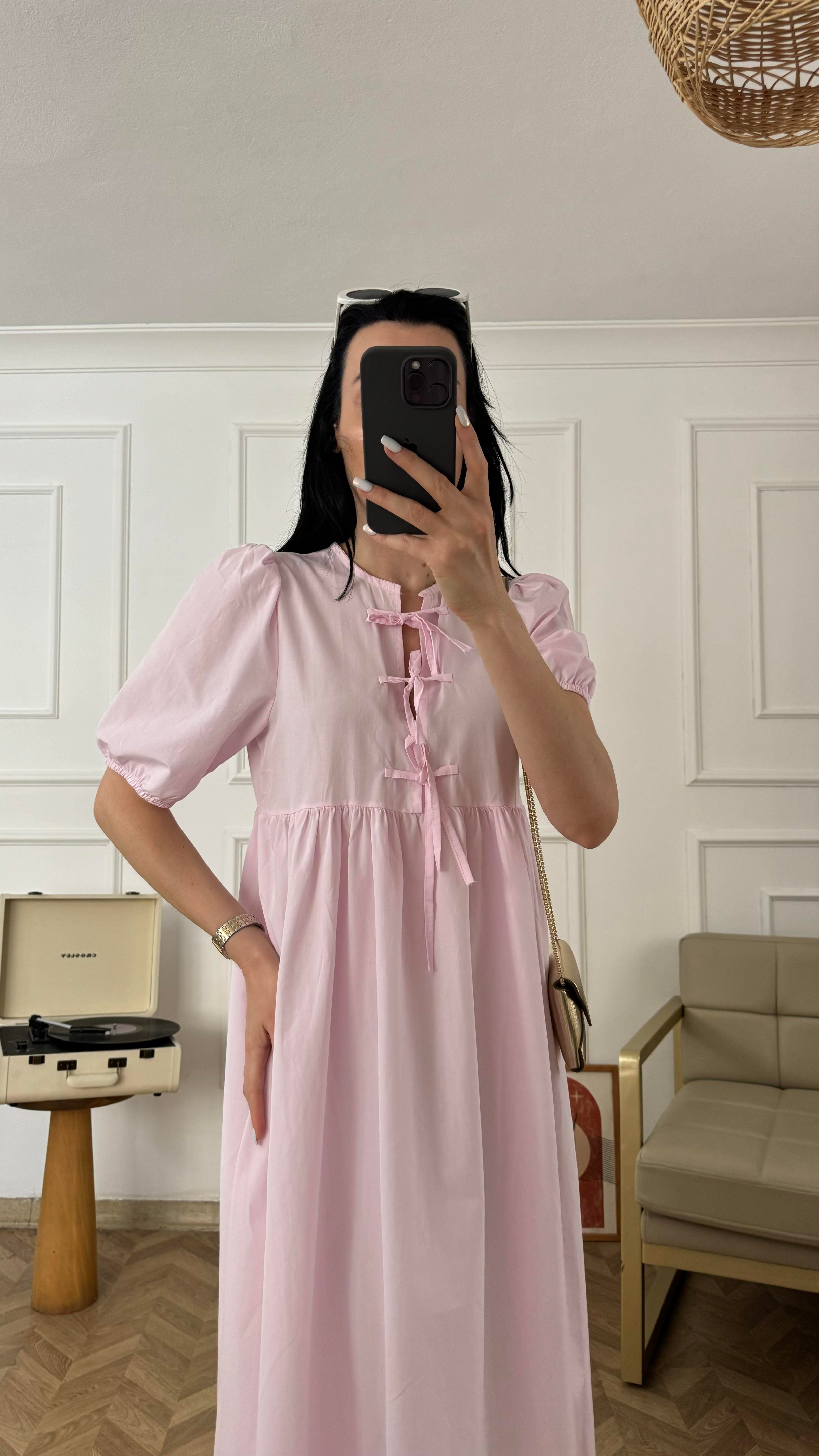 Pembe Fiyonklu Poplin Elbise