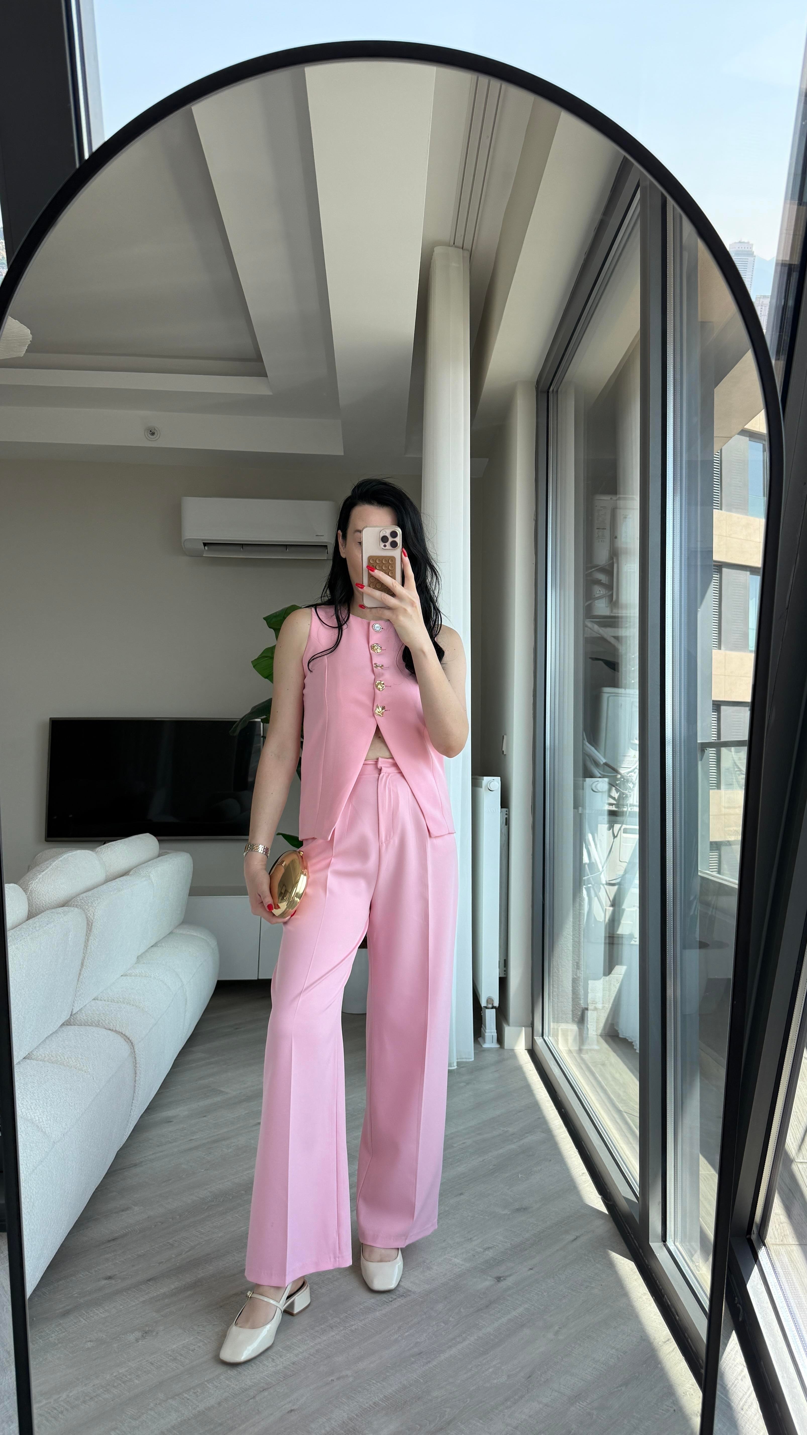 Pembe Gold Düğmeli Yelekli Takım