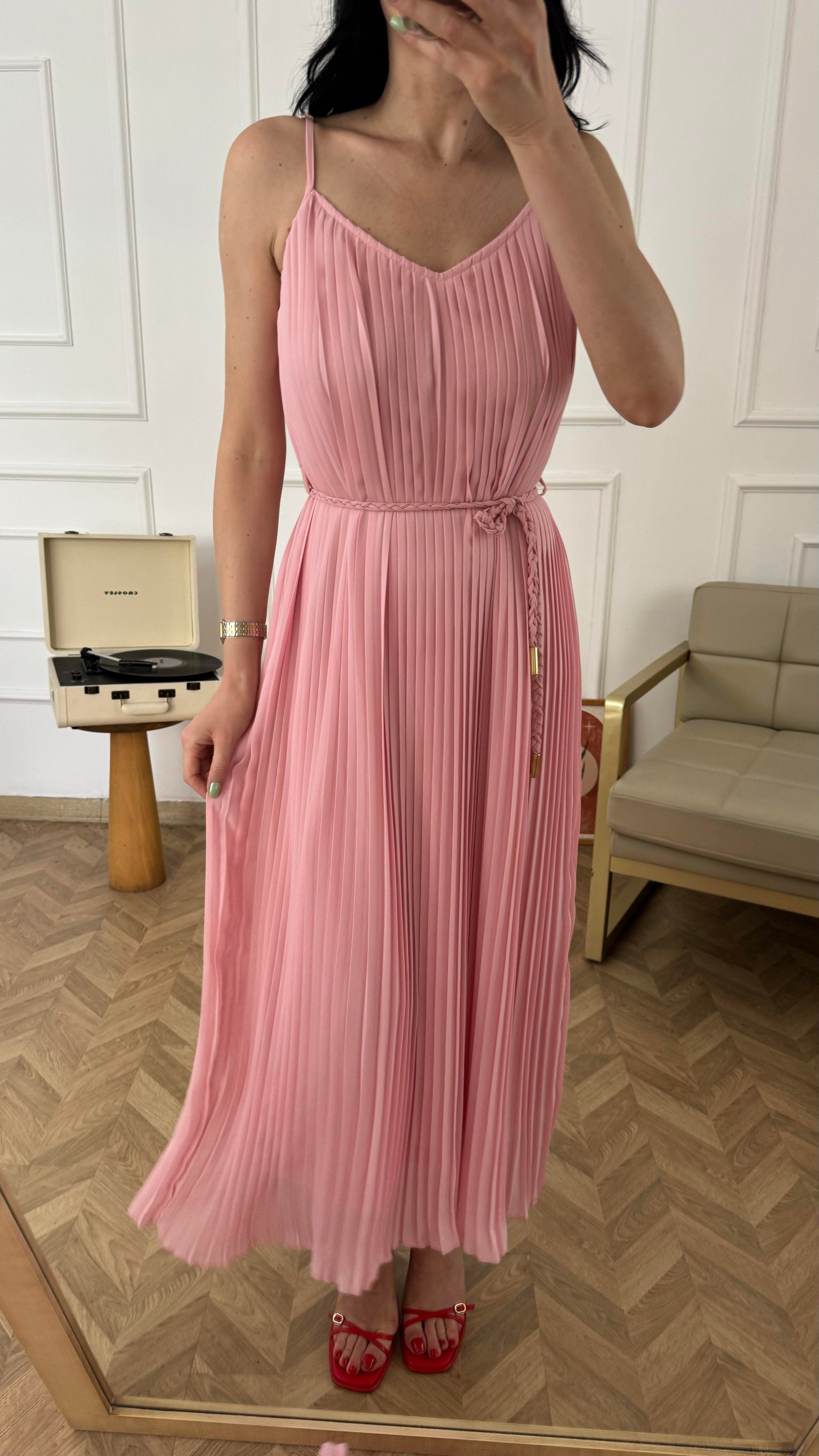 Pembe İnce Askılı Piliseli Elbise
