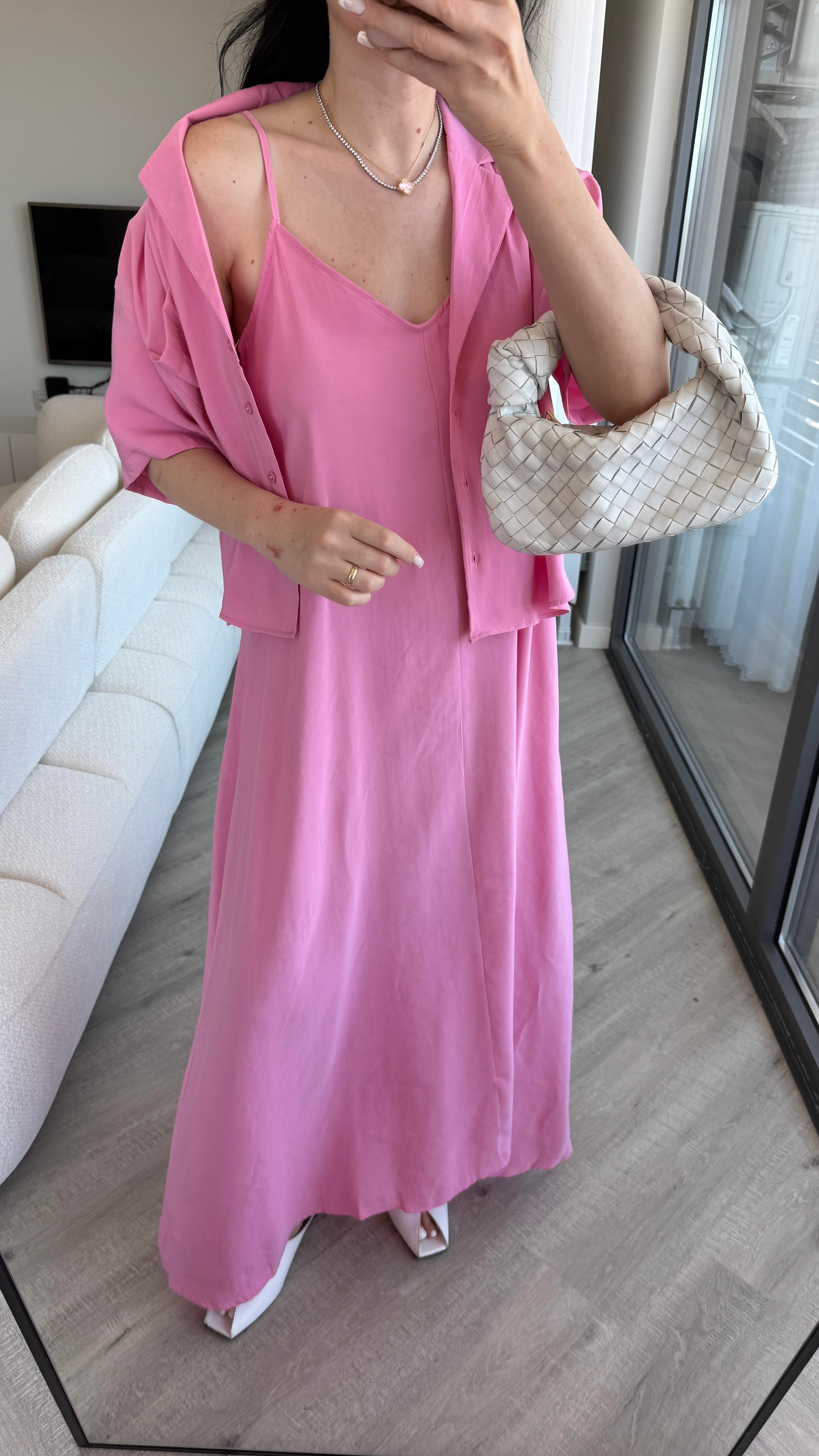 Pembe İp Askılı Elbise-Gömlek Set