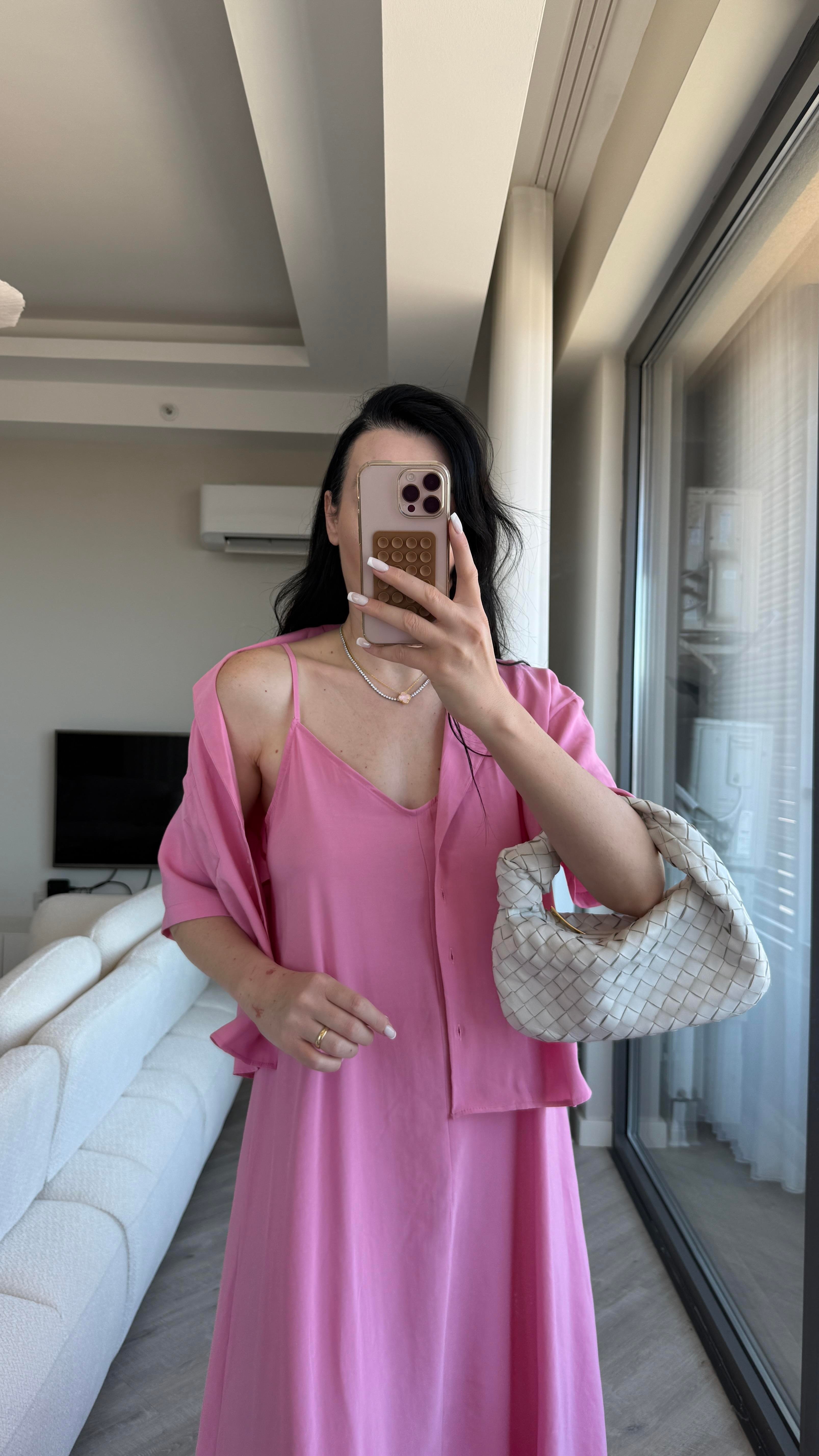 Pembe İp Askılı Elbise-Gömlek Set