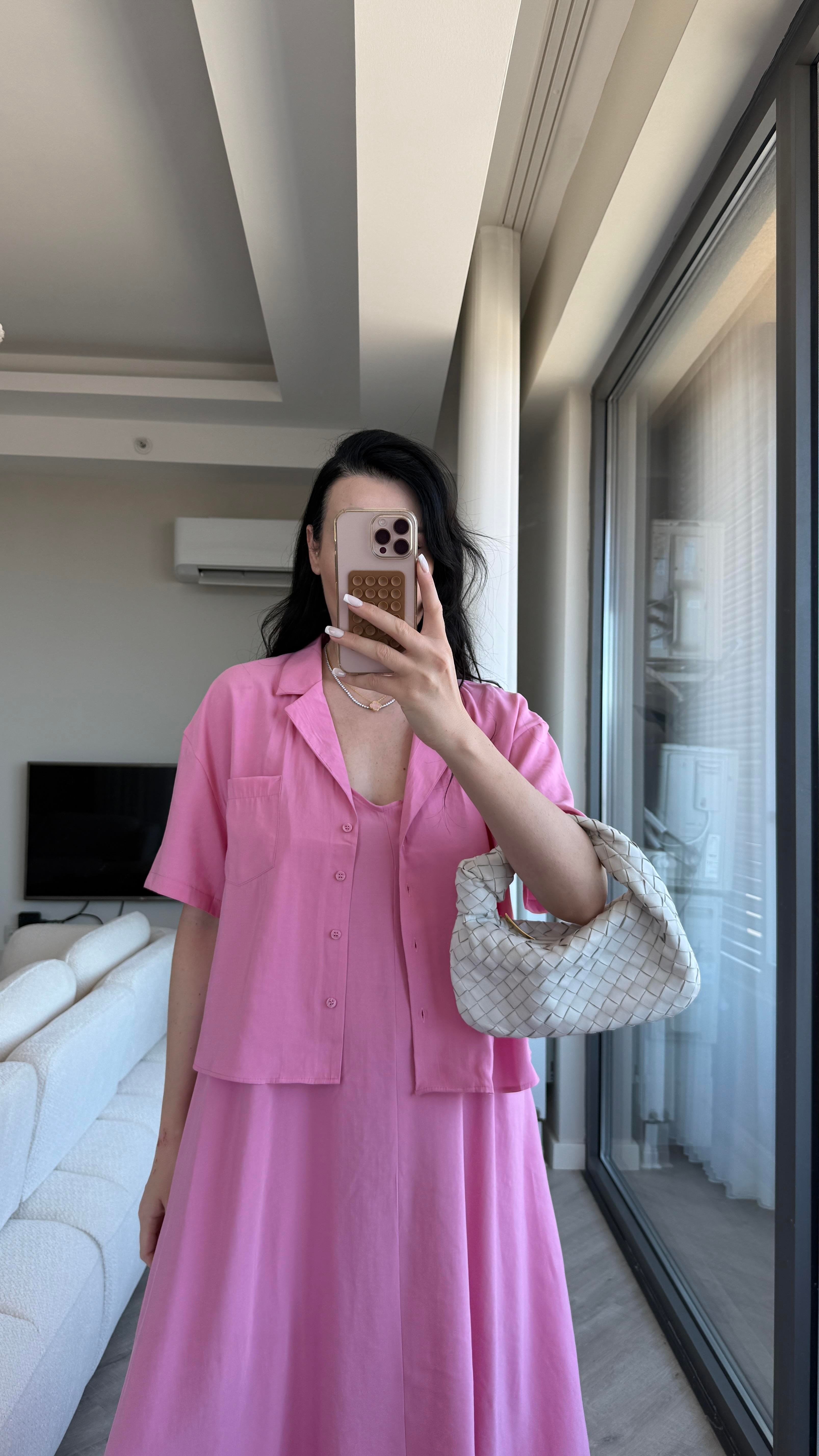 Pembe İp Askılı Elbise-Gömlek Set
