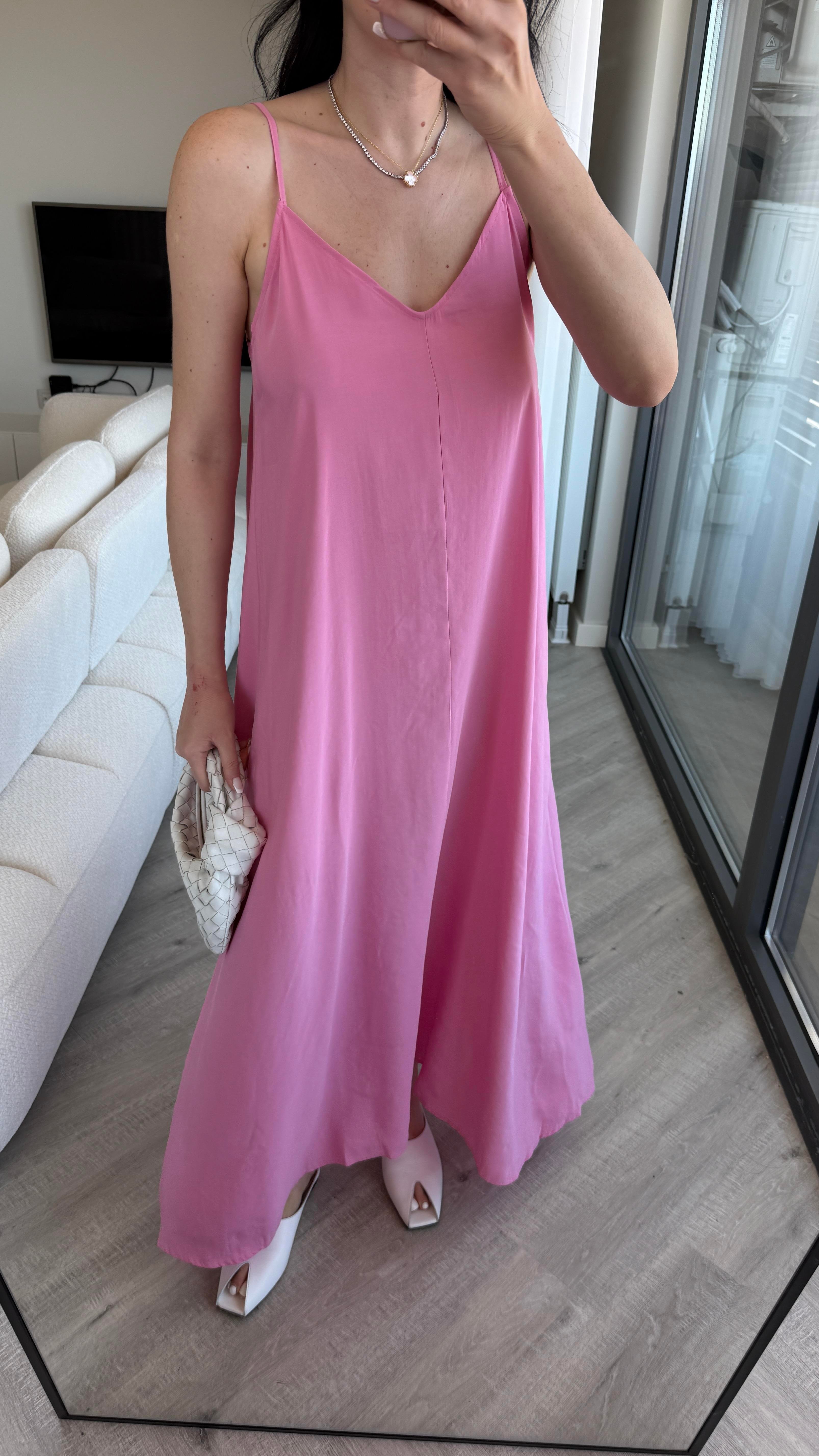 Pembe İp Askılı Elbise-Gömlek Set