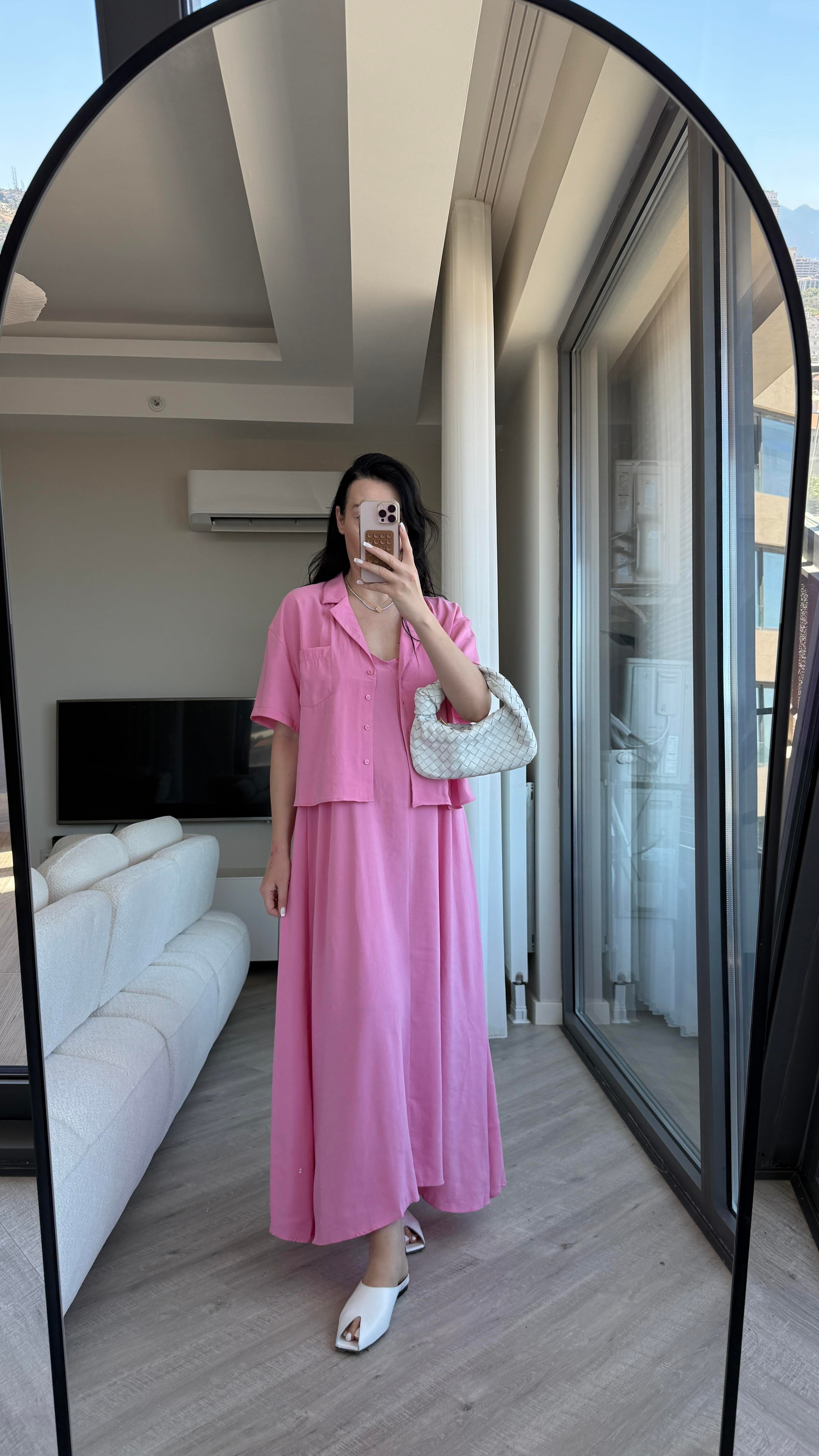Pembe İp Askılı Elbise-Gömlek Set