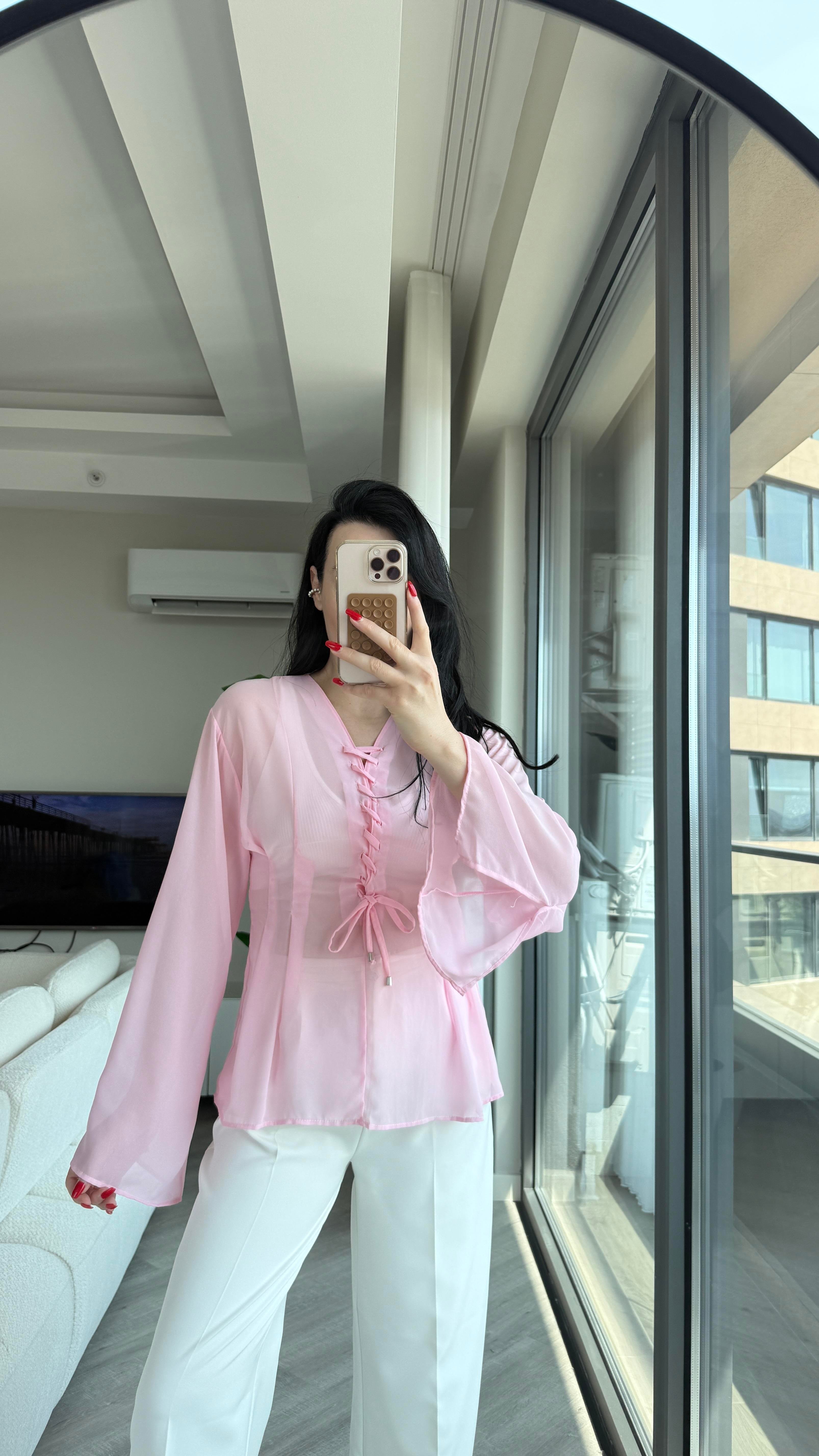 Pembe İspanyol Kol Şifon Bluz