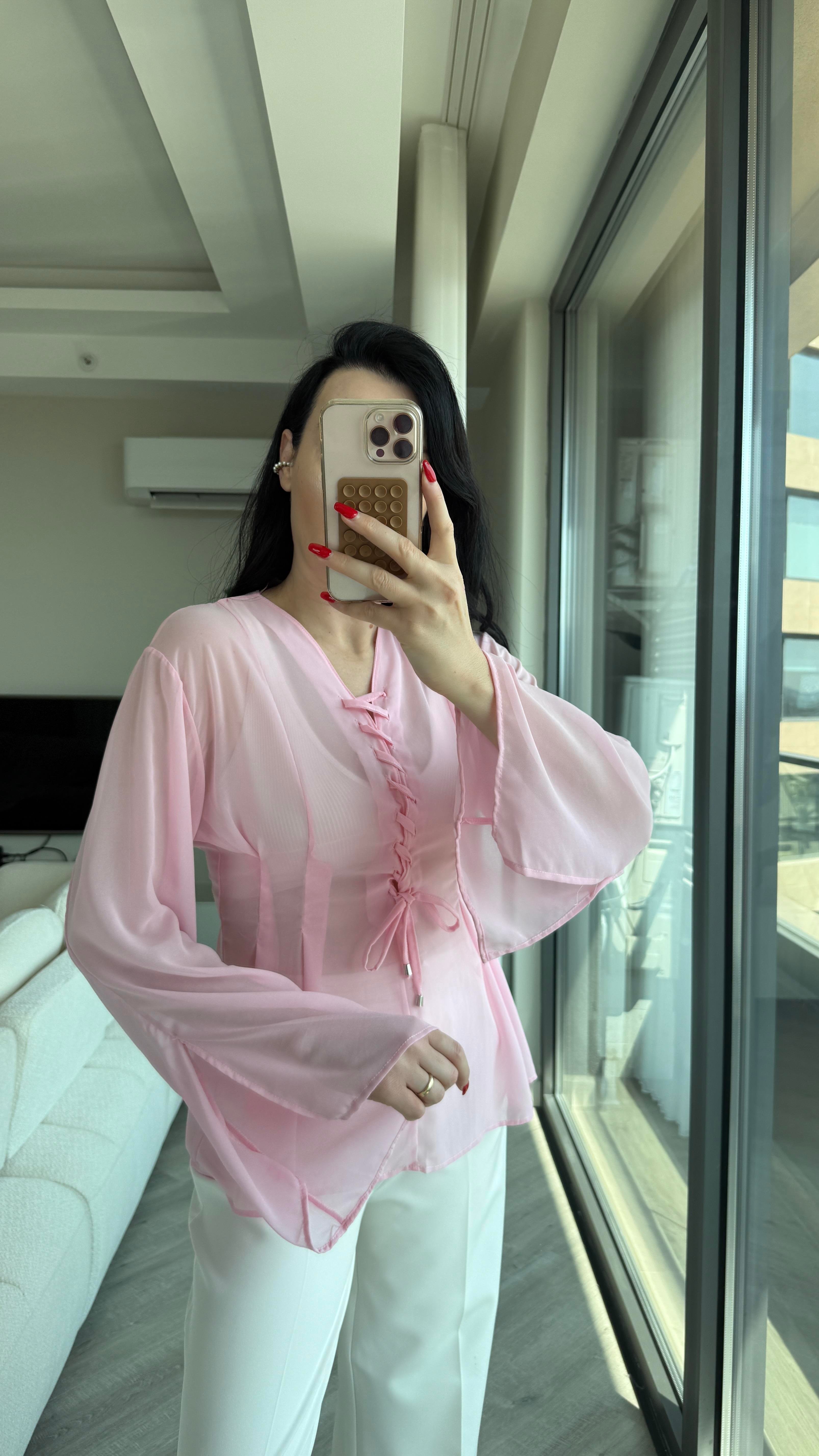 Pembe İspanyol Kol Şifon Bluz