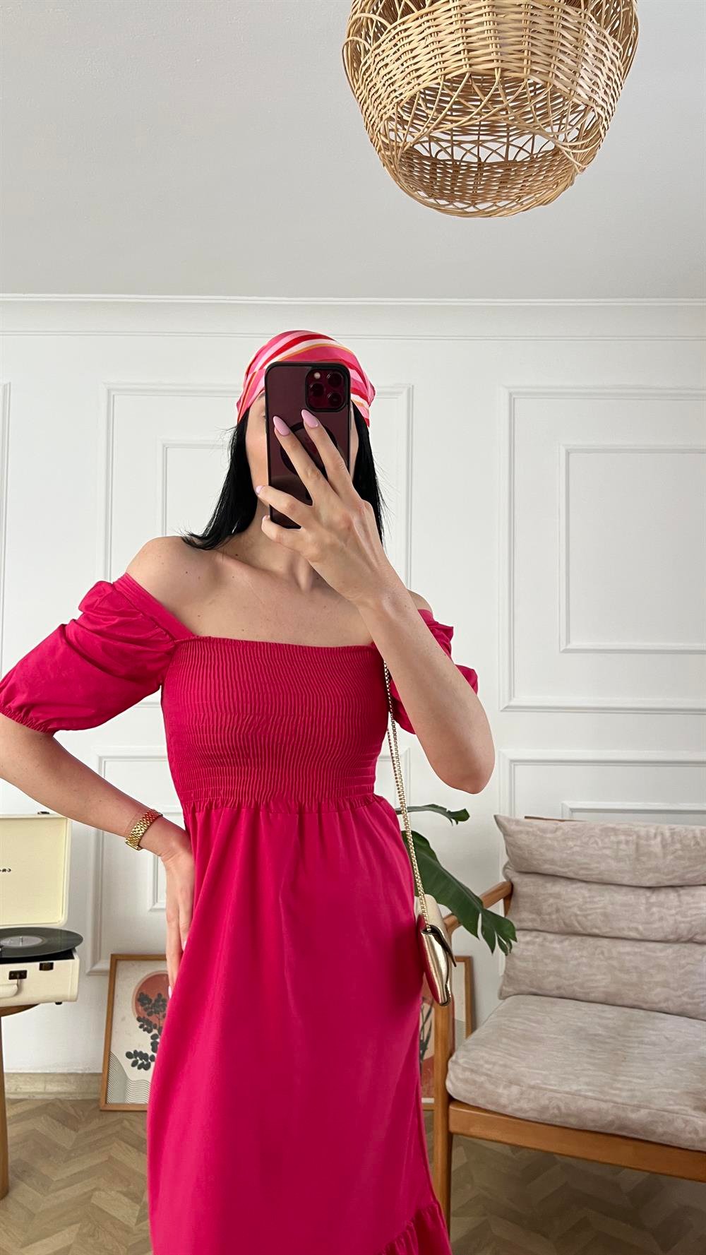Pembe Karpuz Kol Poplin Elbise