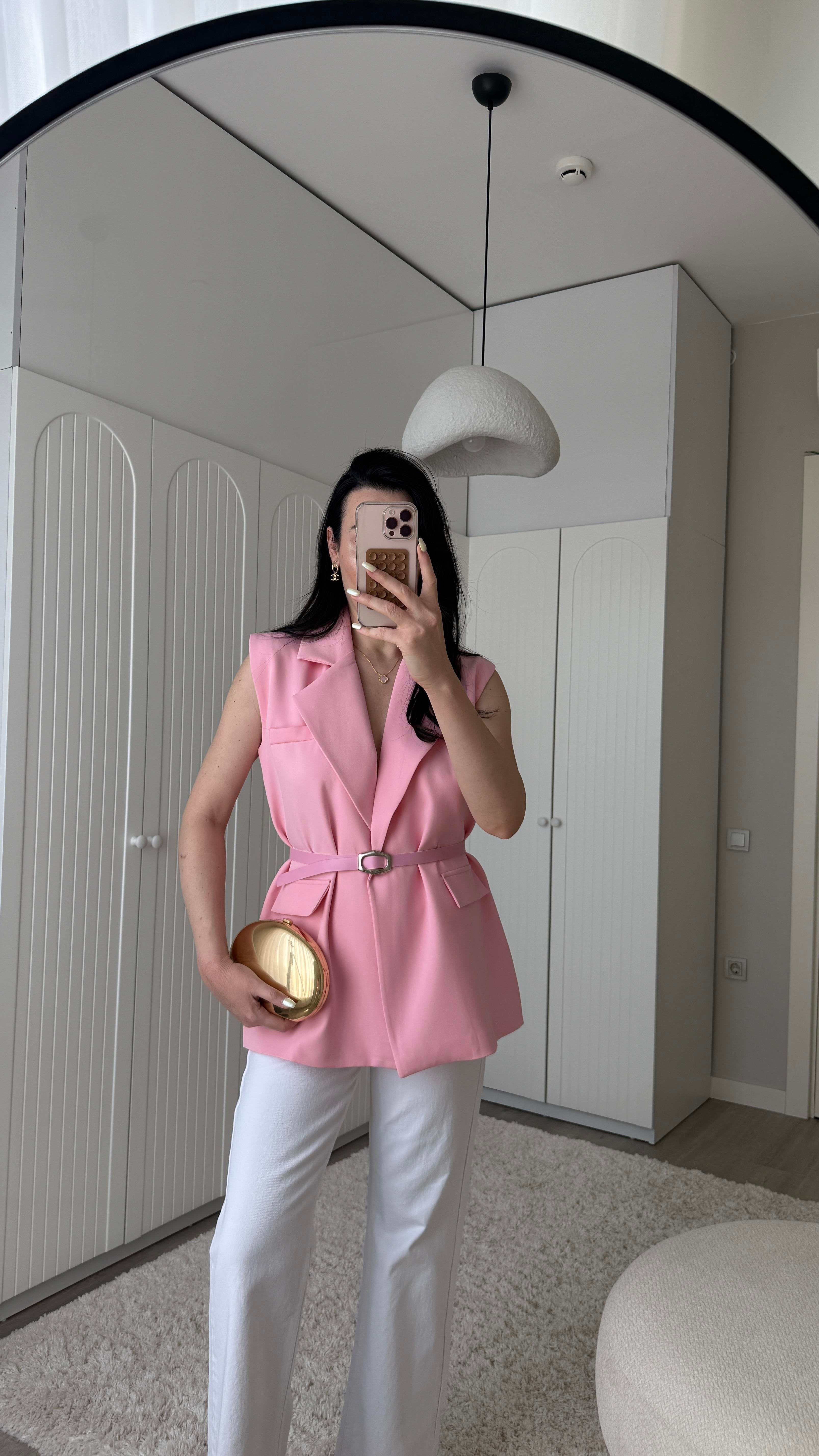 Pembe Kemer Detaylı Yelek