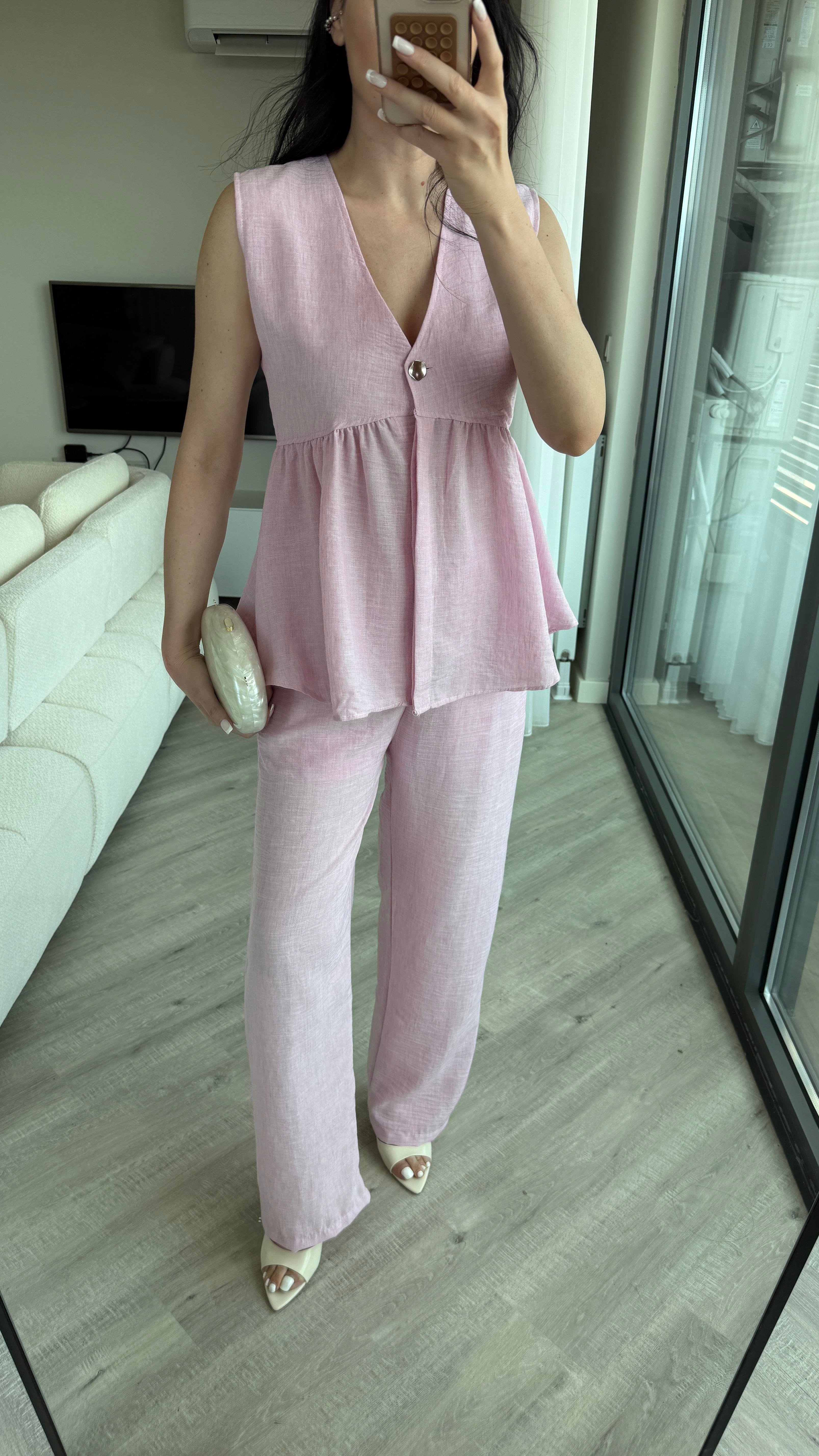Pembe Keten Yeleği Volanlı Takım