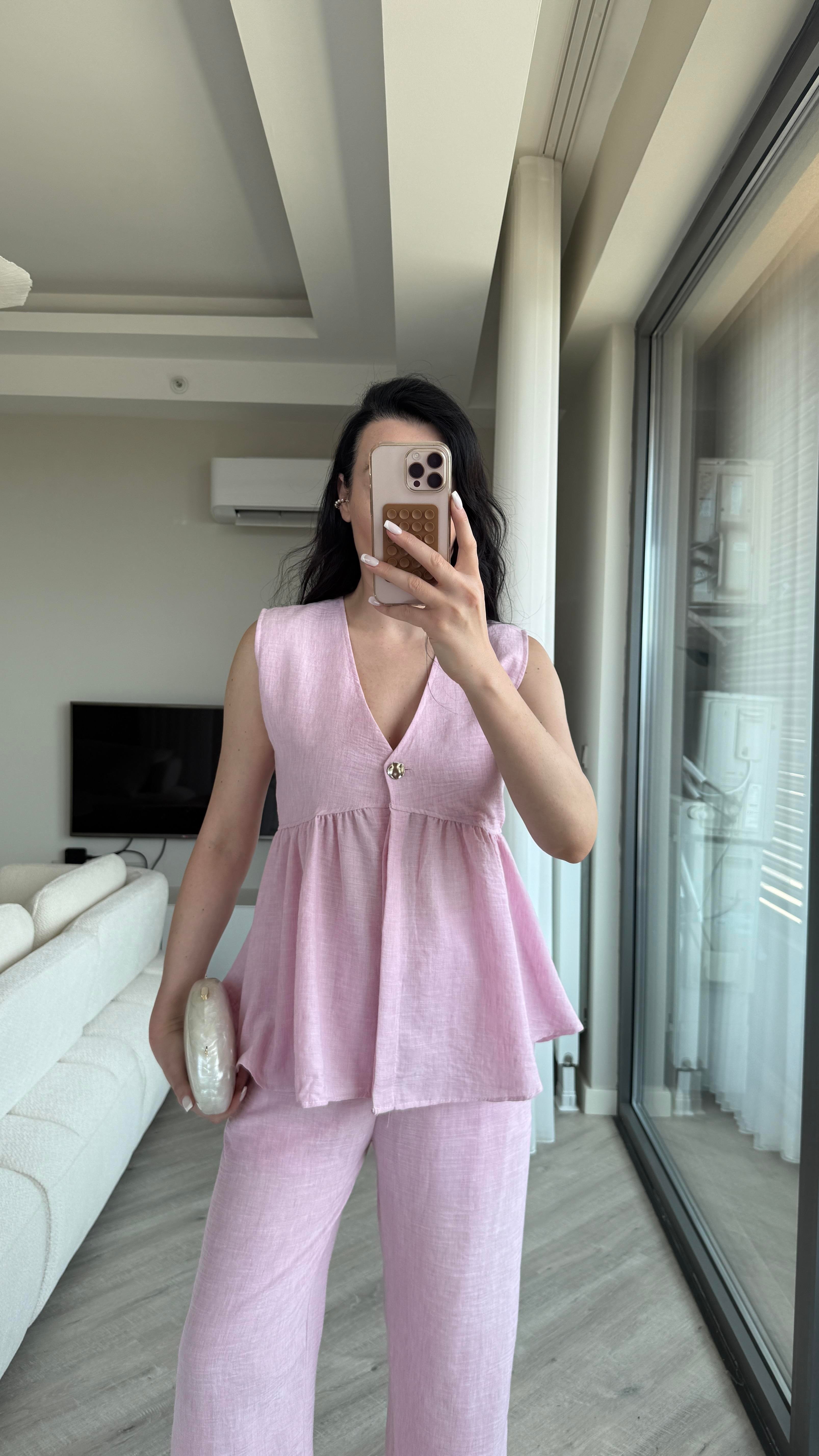 Pembe Keten Yeleği Volanlı Takım