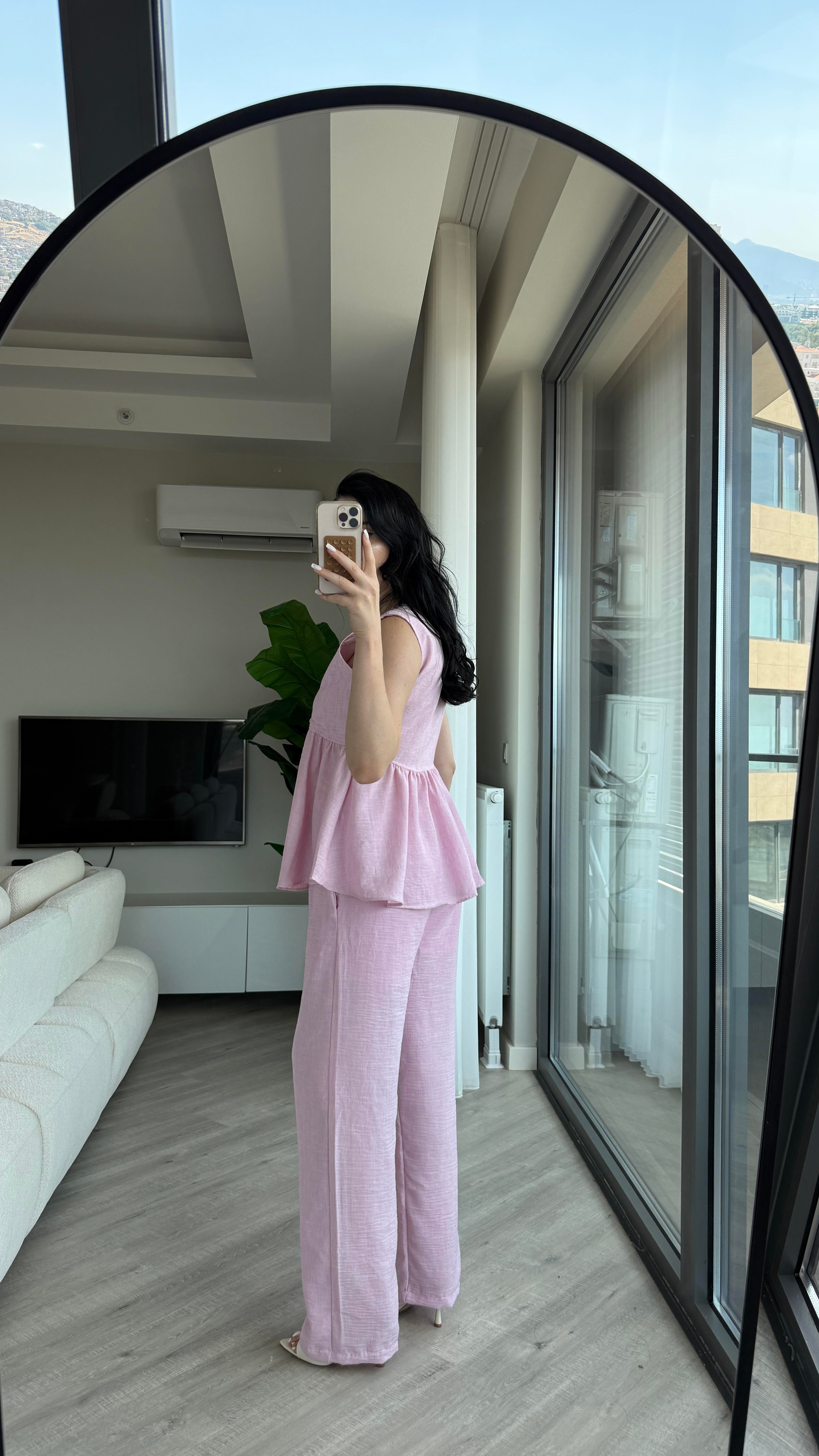 Pembe Keten Yeleği Volanlı Takım