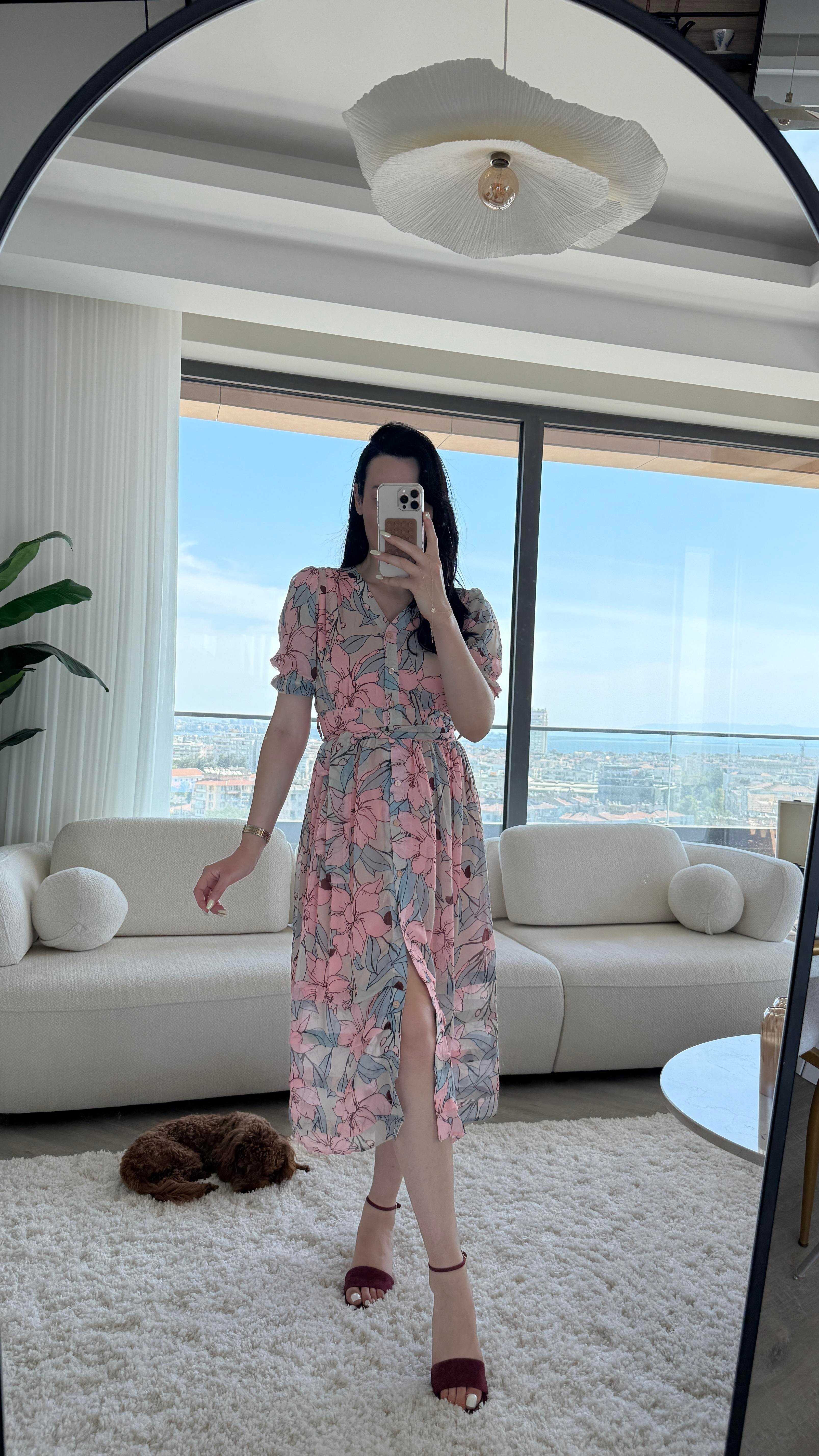 Pembe Mavi Çiçek Desen Önden Düğmeli Elbise