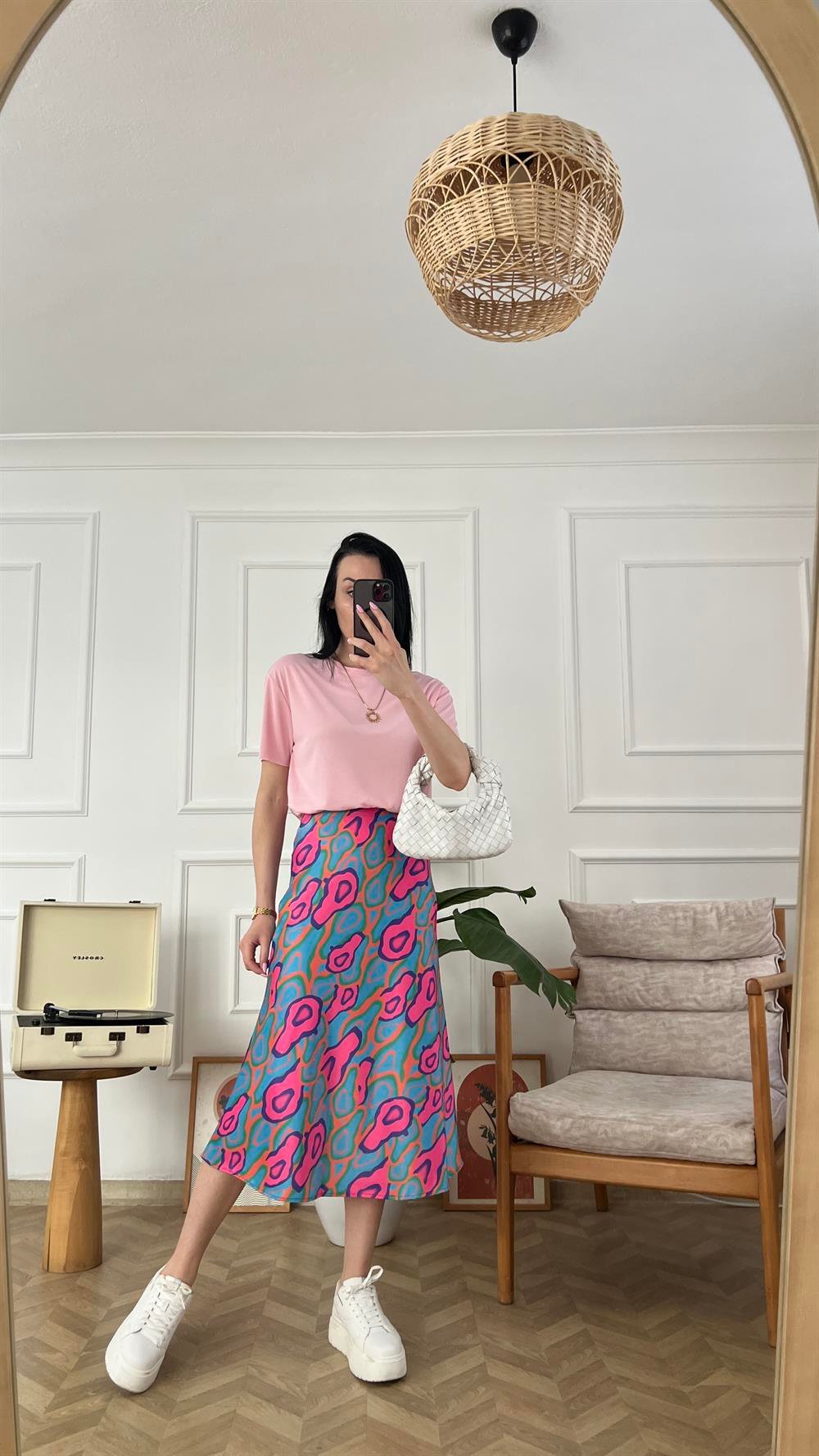 Pembe Mavi Desenli Tok Saten Etek