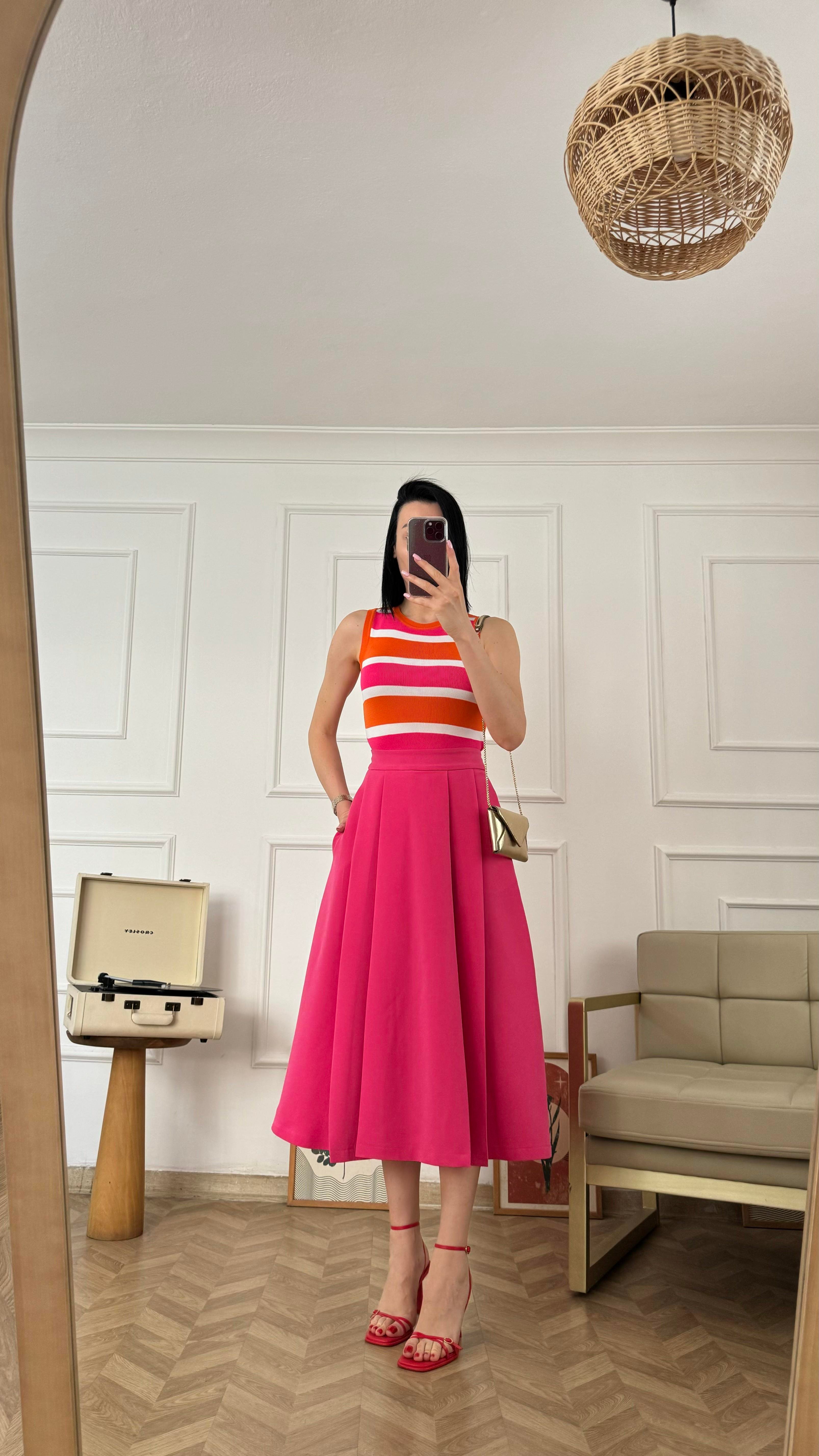 Pembe Midi Boy Kloş Etek