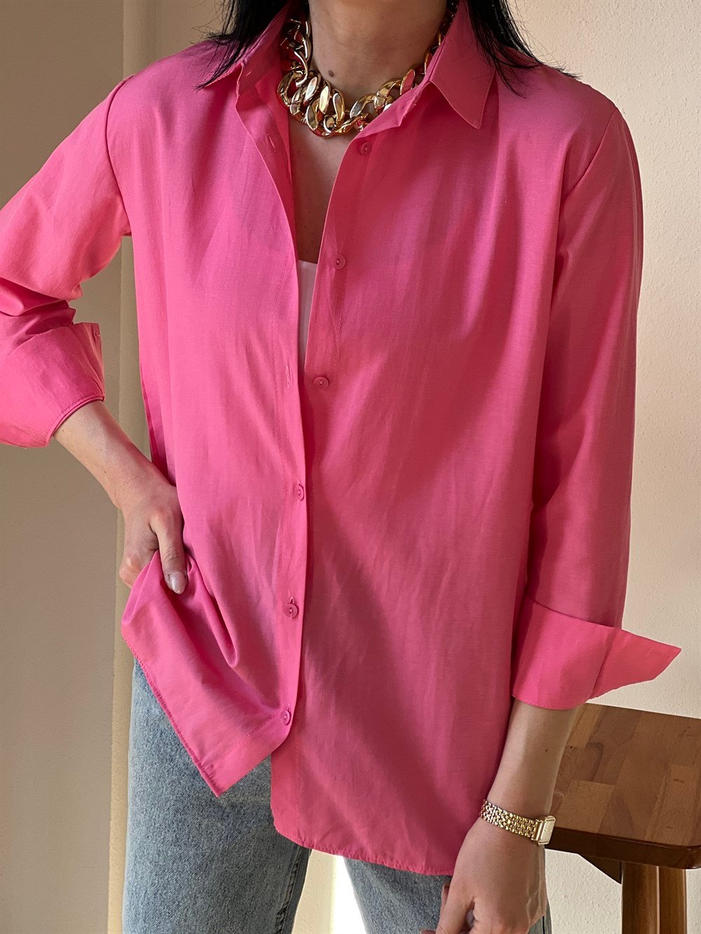 Pembe Poplin Kumaş Gömlek