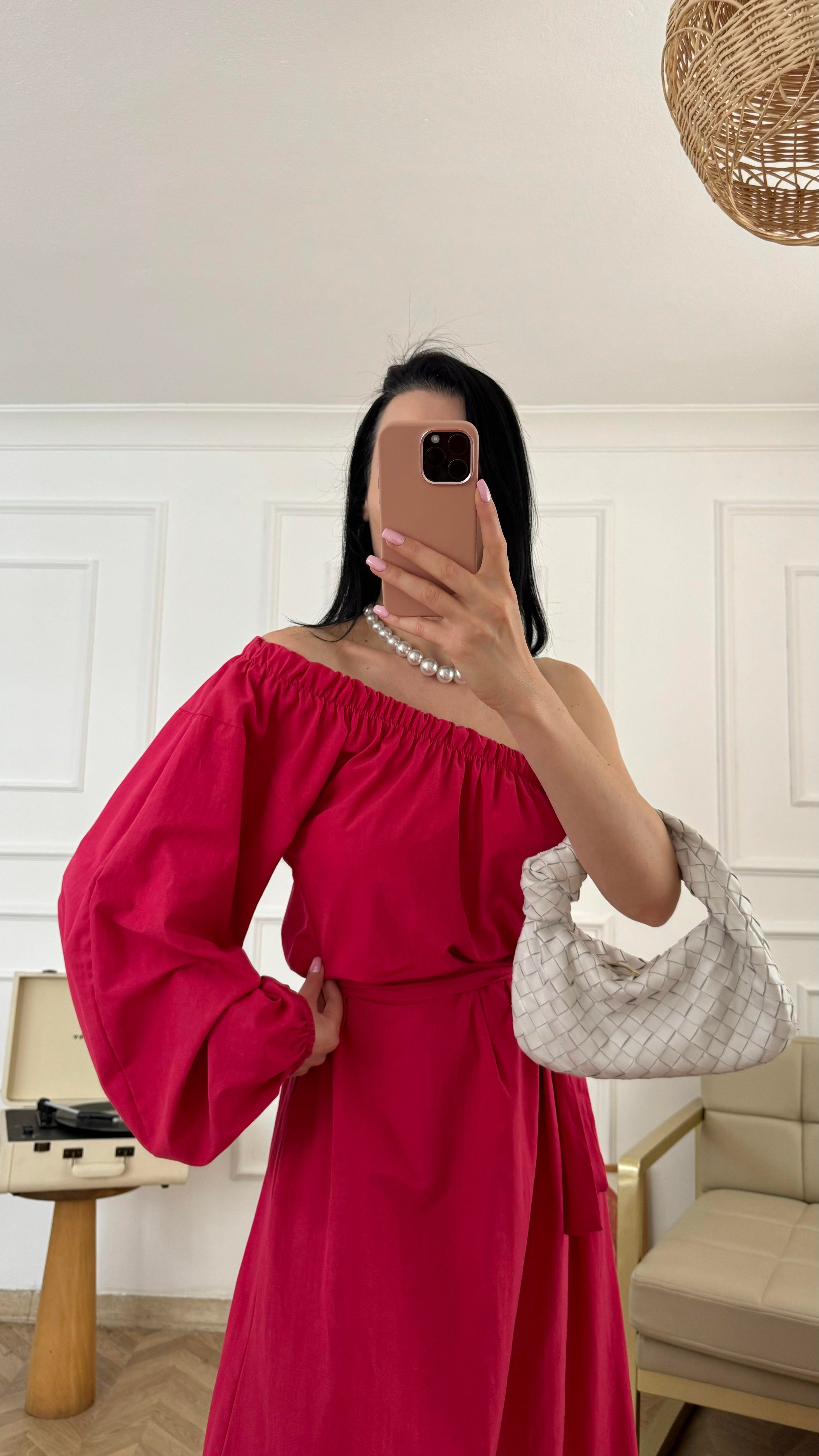 Pembe Tek Omuz Poplin Elbise