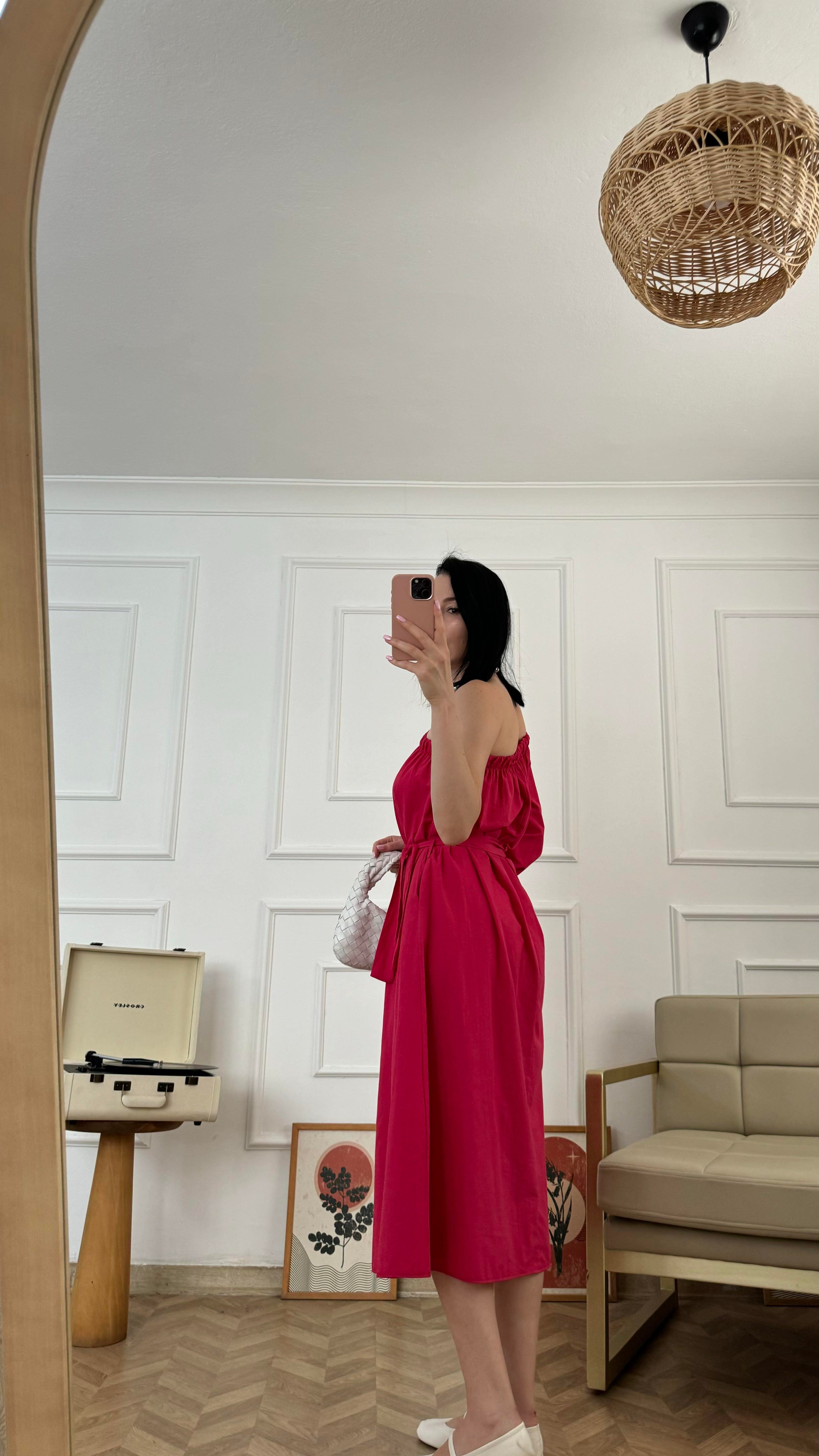 Pembe Tek Omuz Poplin Elbise