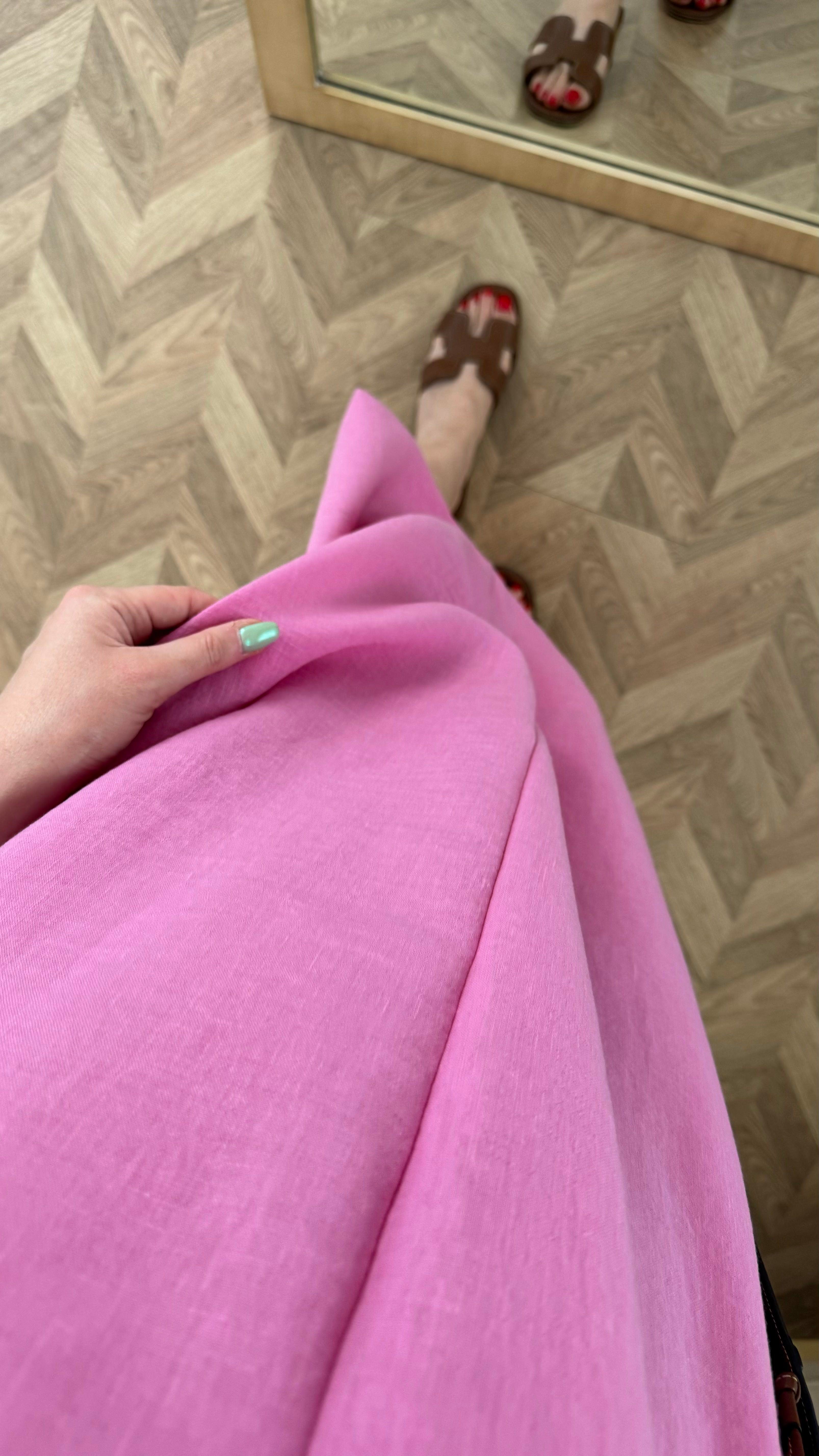 Pembe V Yaka Keten Elbise