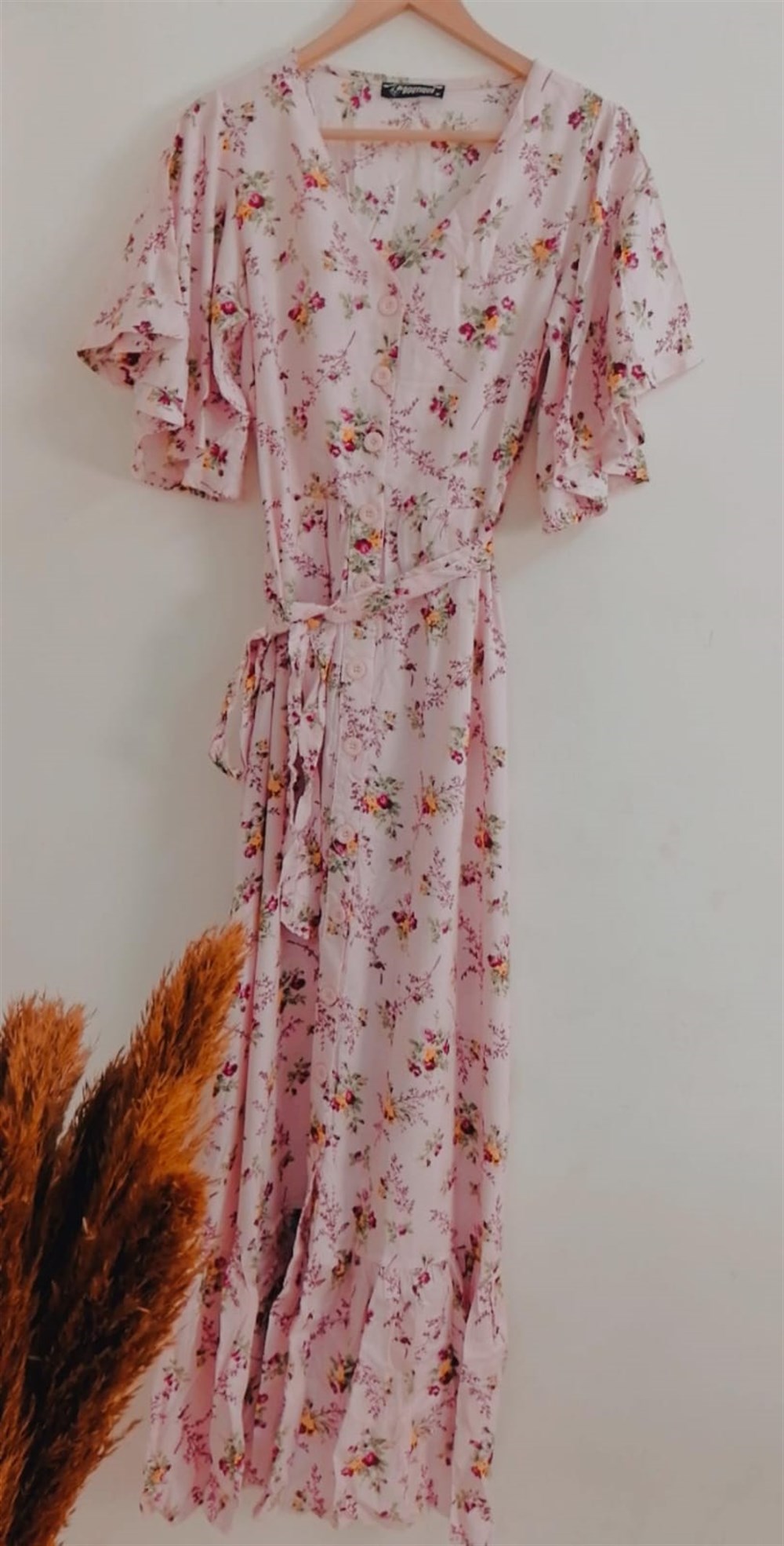 Şeker Pembe Çiçek Desen Kuşaklı Elbise