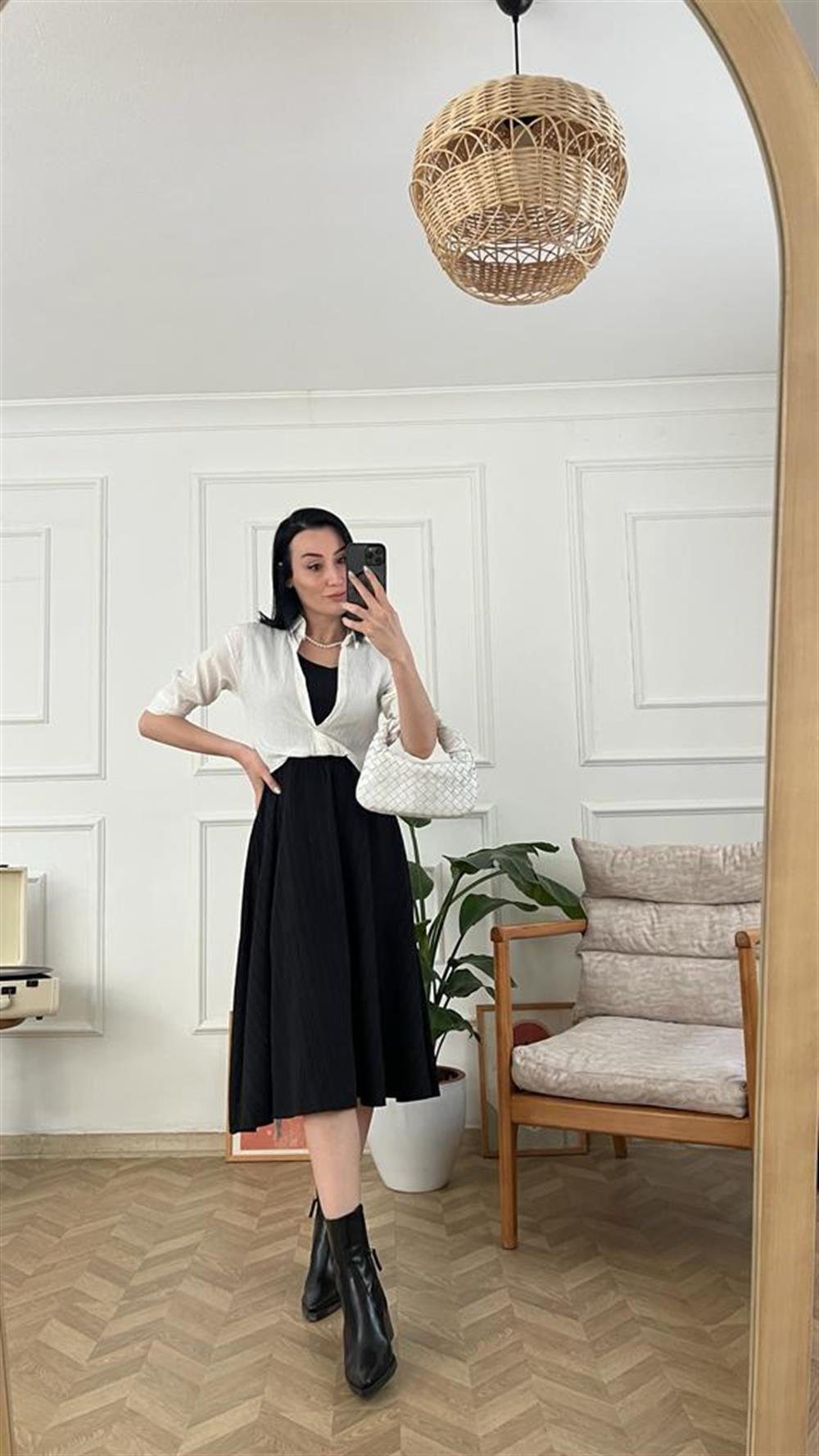 Siyah Beyaz Gömlek Detaylı Tek Parça Elbise