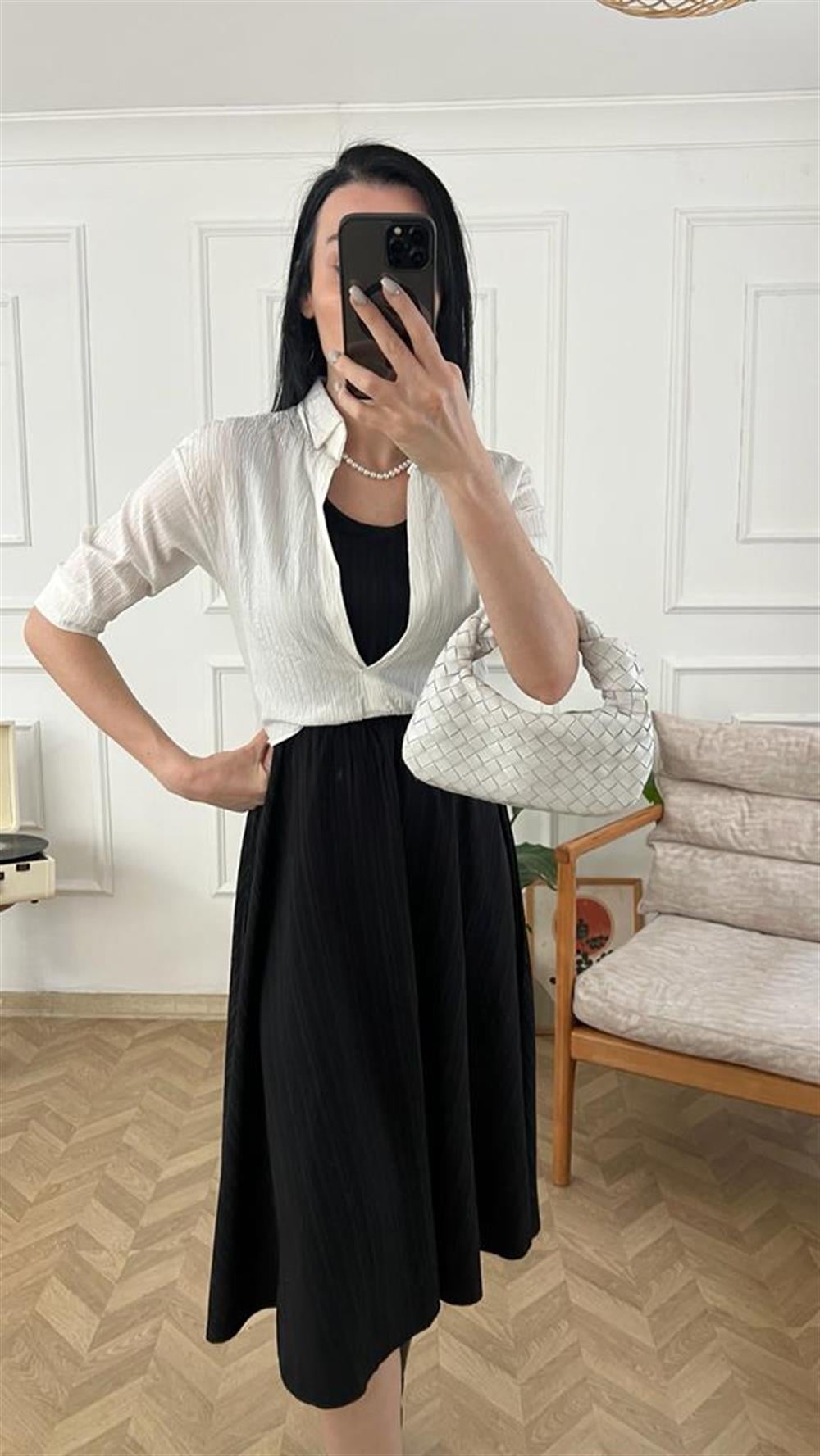 Siyah Beyaz Gömlek Detaylı Tek Parça Elbise