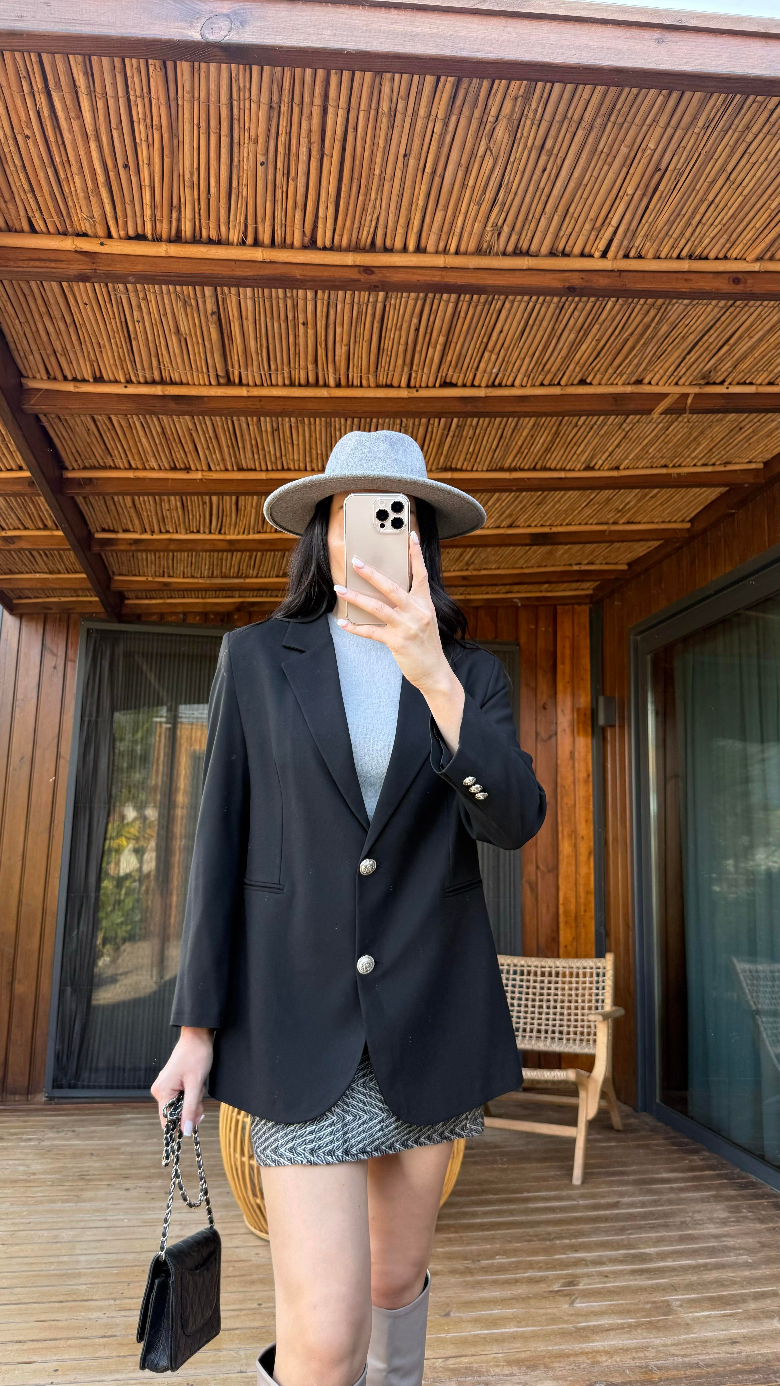 Siyah Çift Düğmeli Astarlı Blazer Ceket