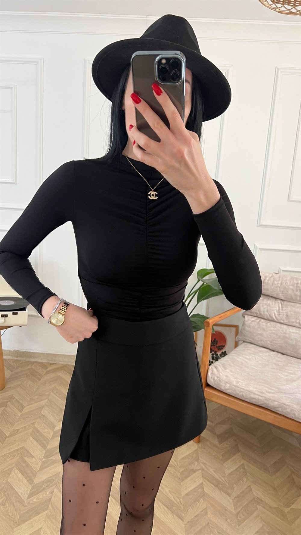 Siyah Drape Detaylı Body Suit