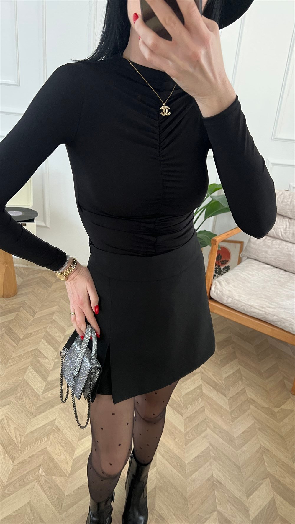 Siyah Drape Detaylı Body Suit