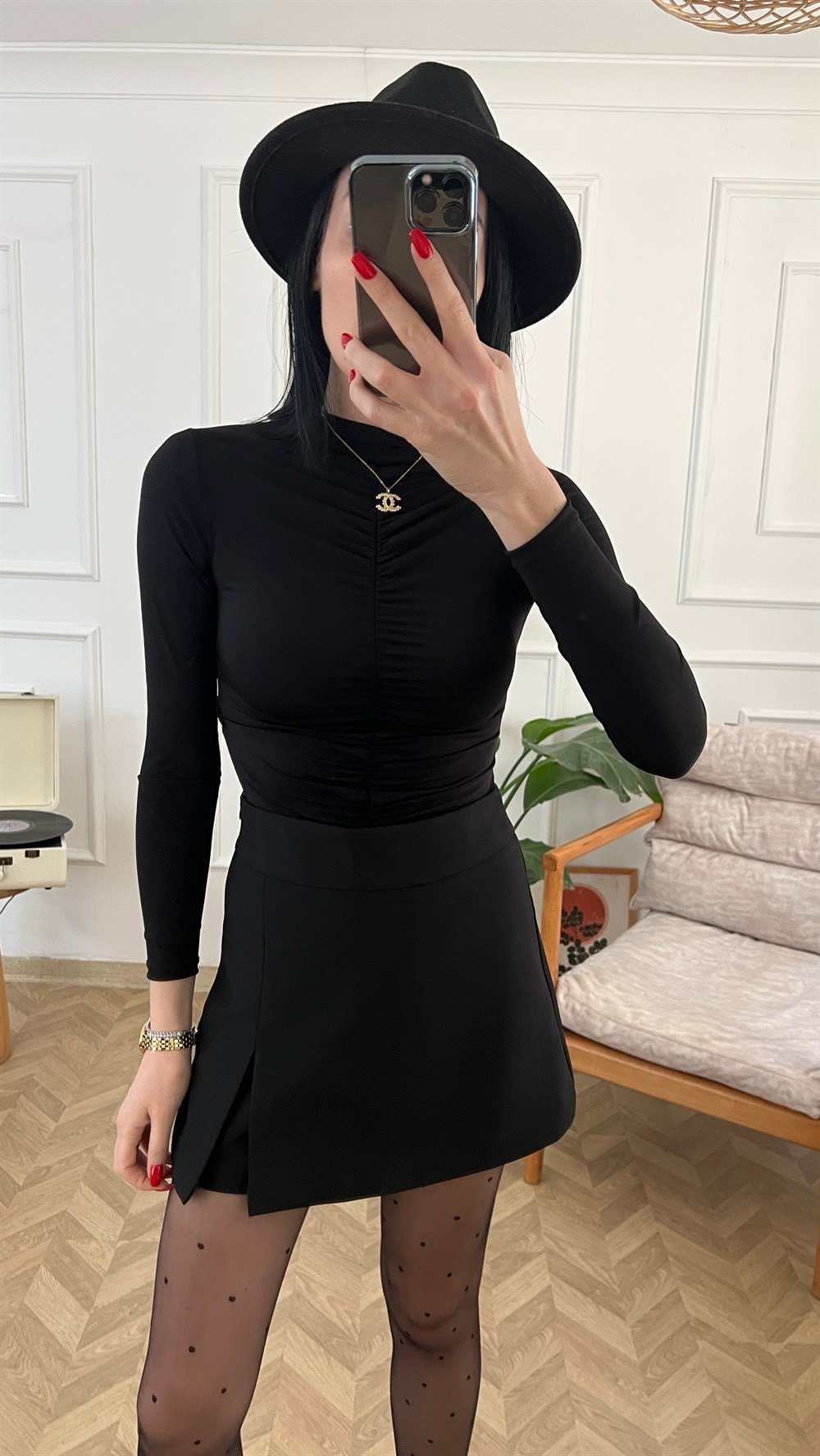Siyah Drape Detaylı Body Suit