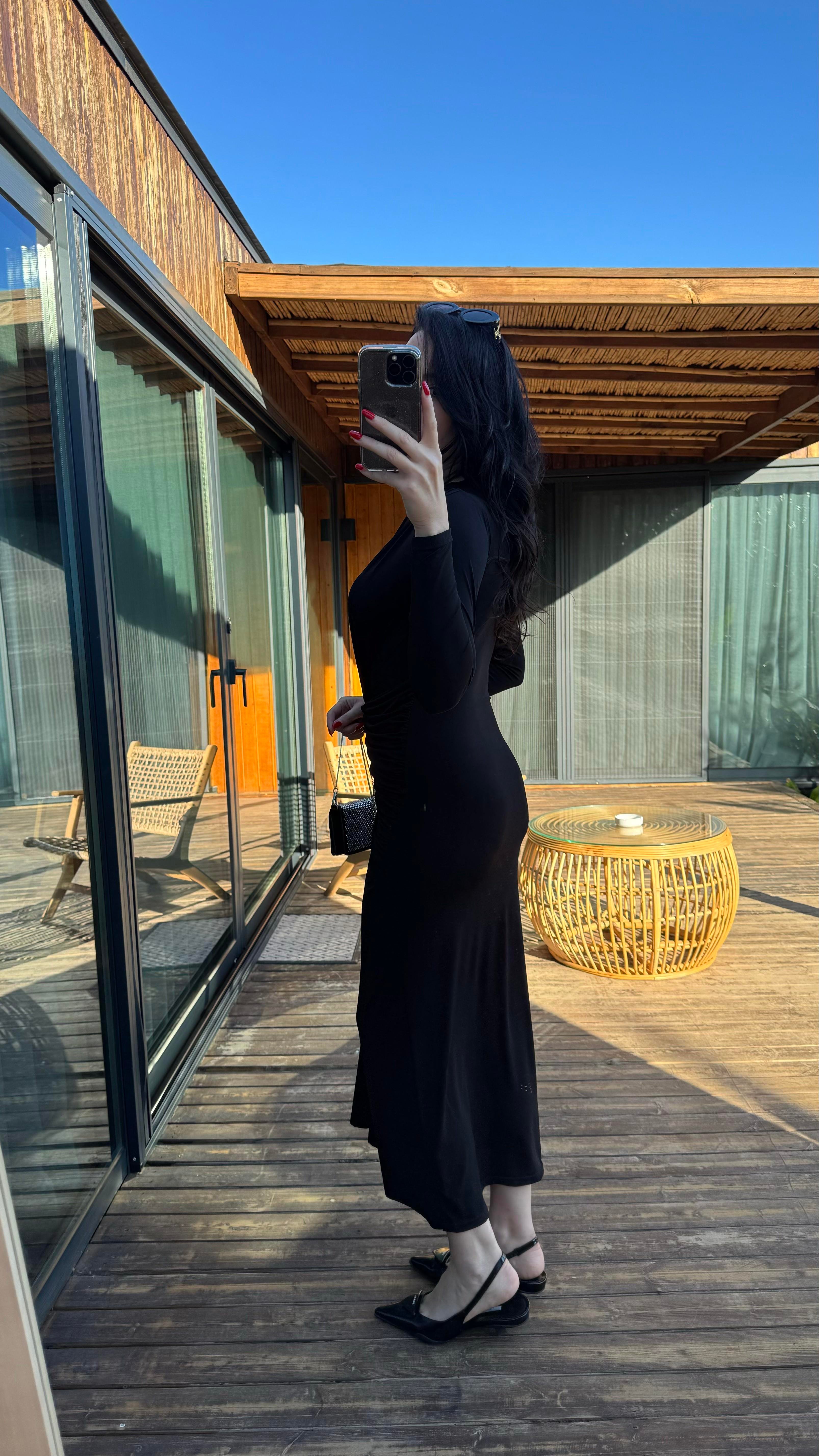 Siyah Drape Detaylı Jarse Elbise