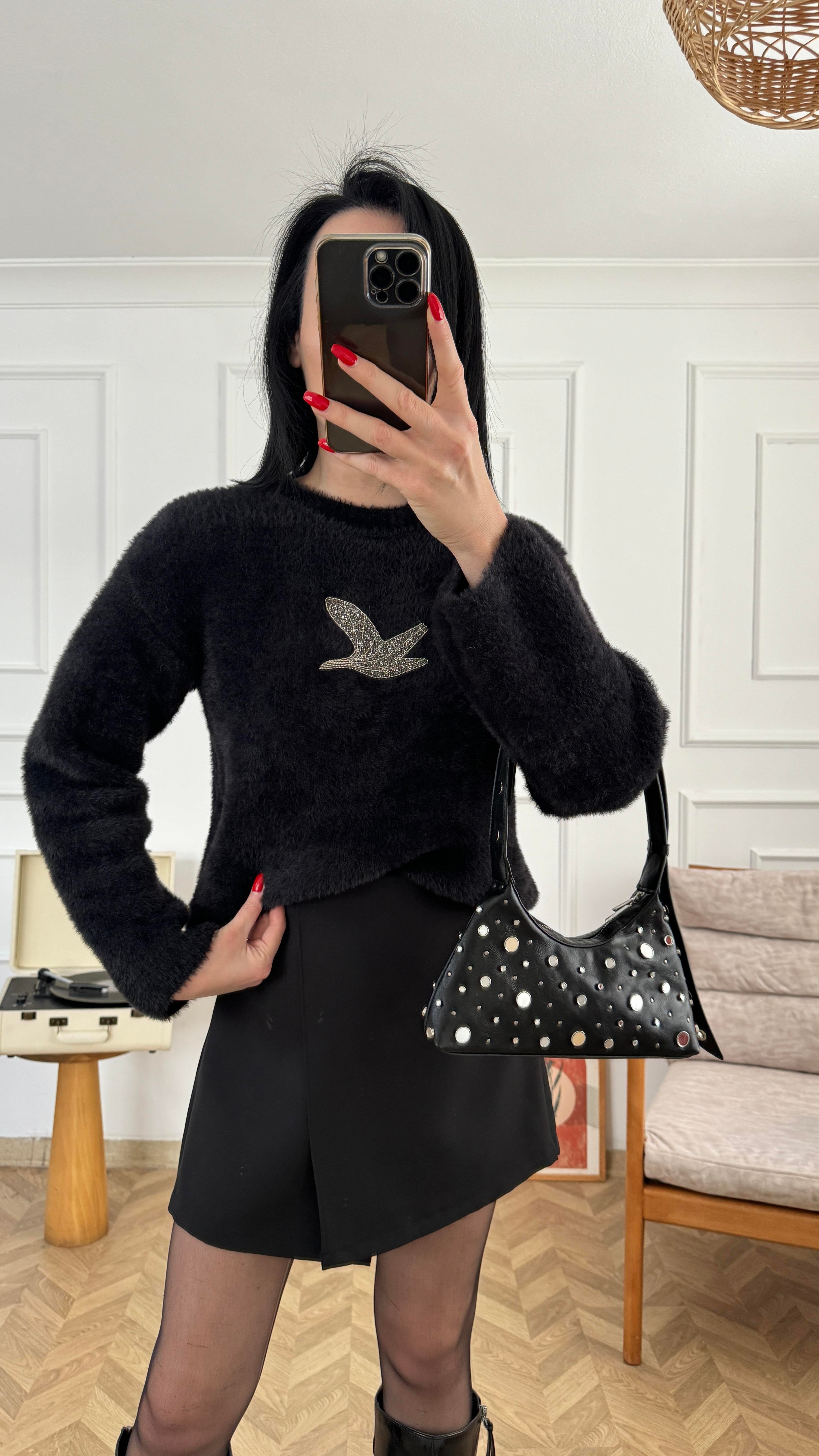 Siyah Parlak Kuş Desenli Sakallı Triko