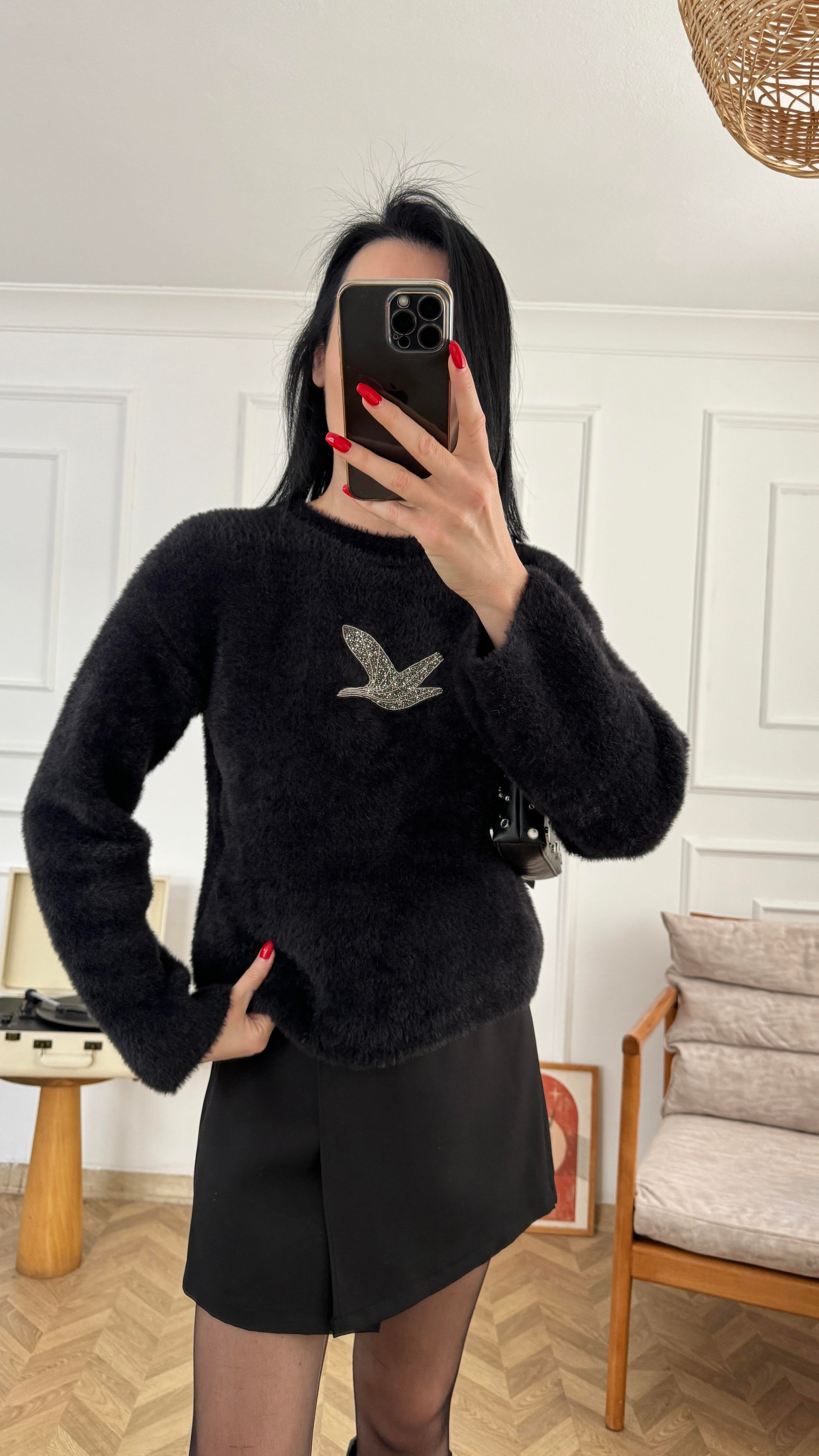 Siyah Parlak Kuş Desenli Sakallı Triko