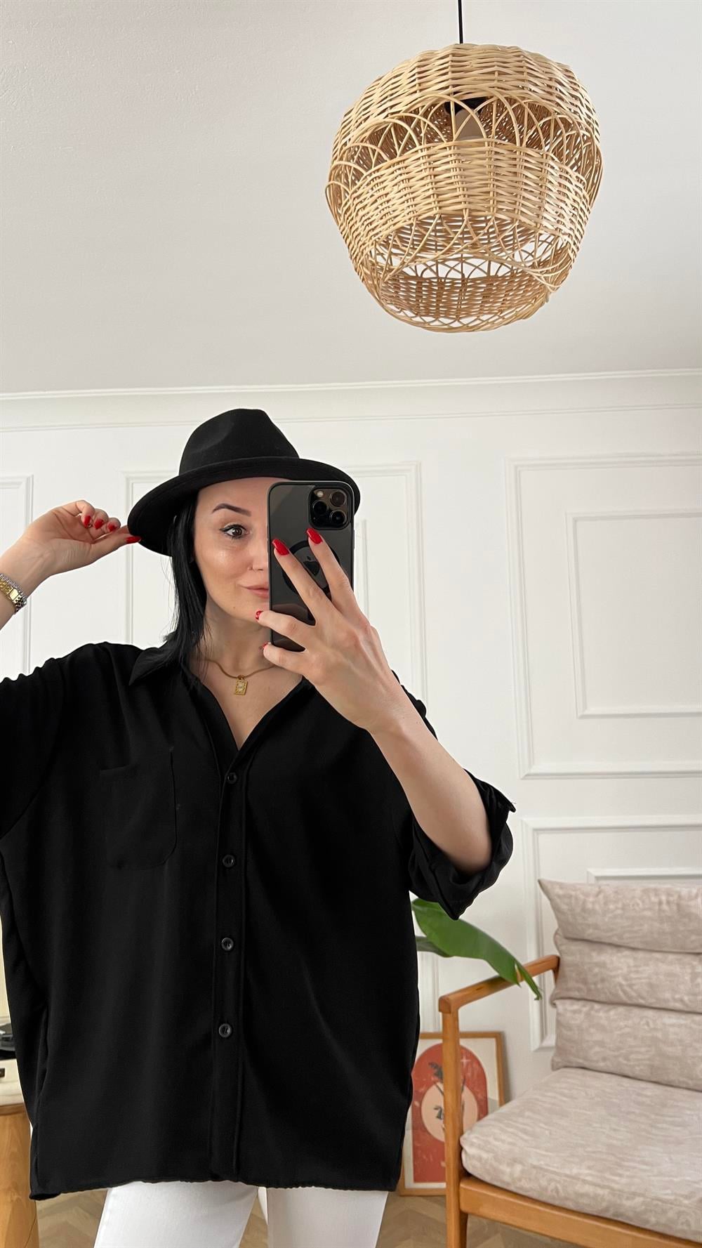 Siyah Tensel Kumaş Oversize Gömlek
