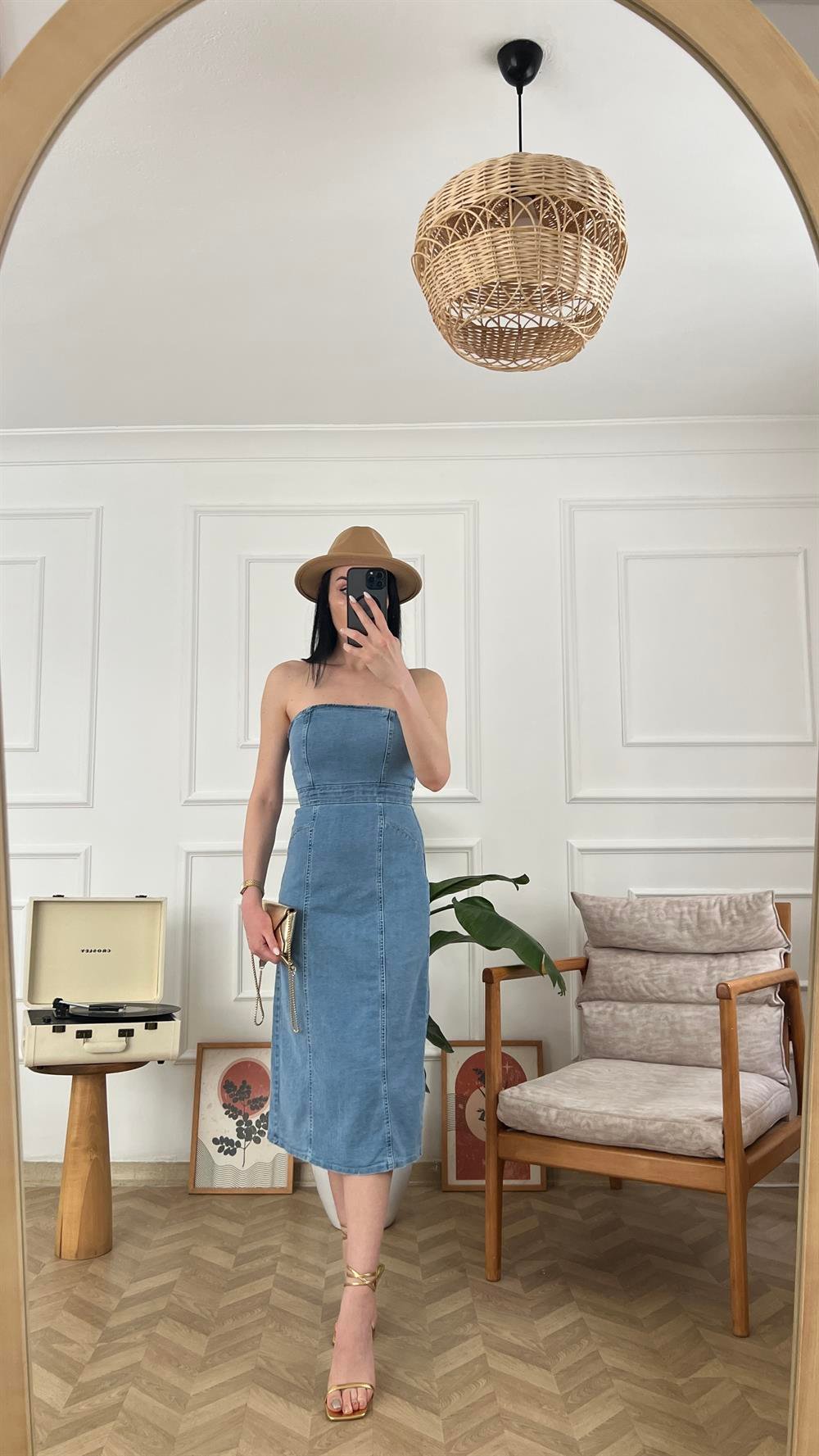 Straplez Denim Elbise