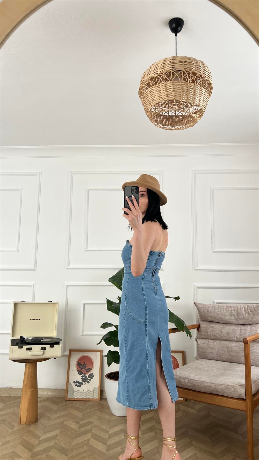 Straplez Denim Elbise