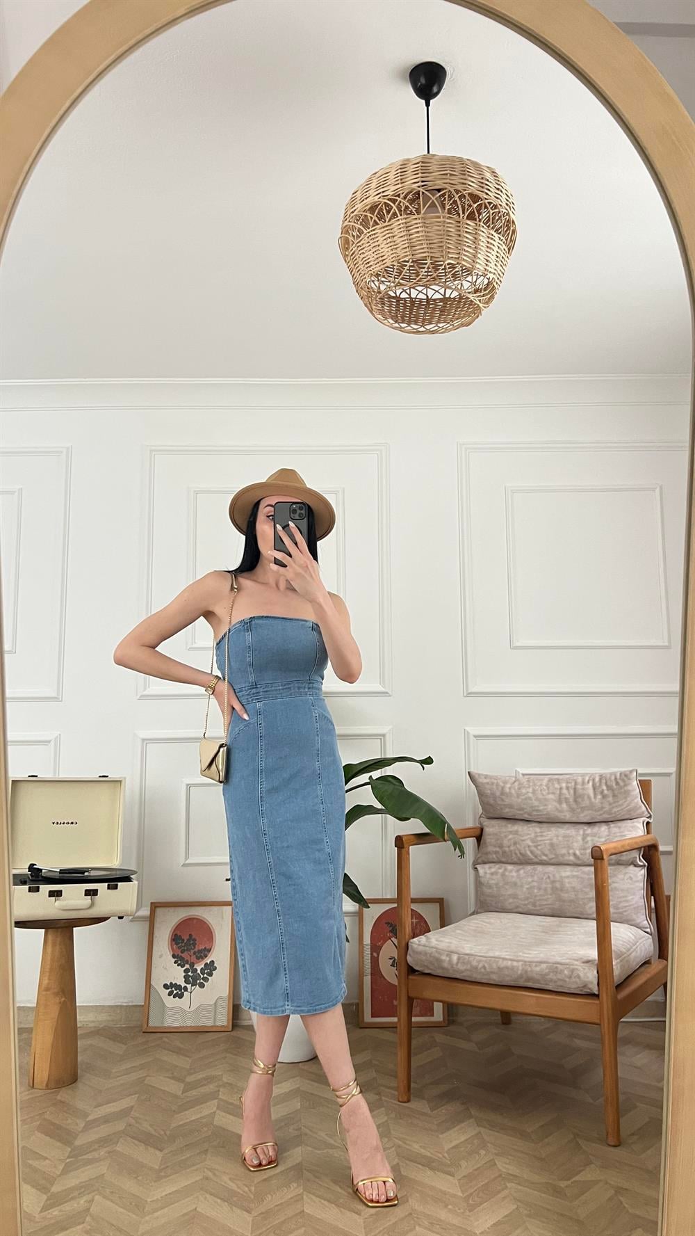 Straplez Denim Elbise
