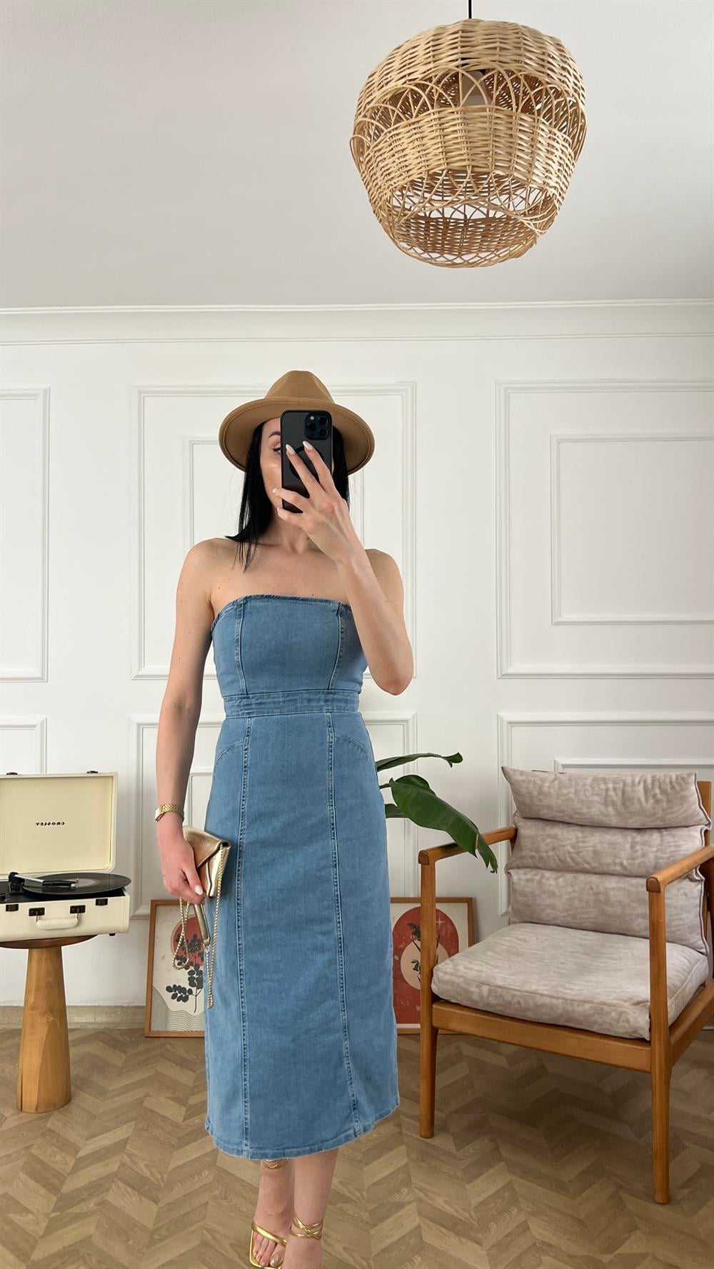 Straplez Denim Elbise