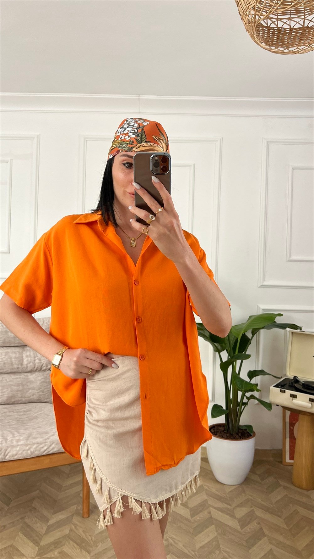 Turuncu Oversize Keten Gömlek 