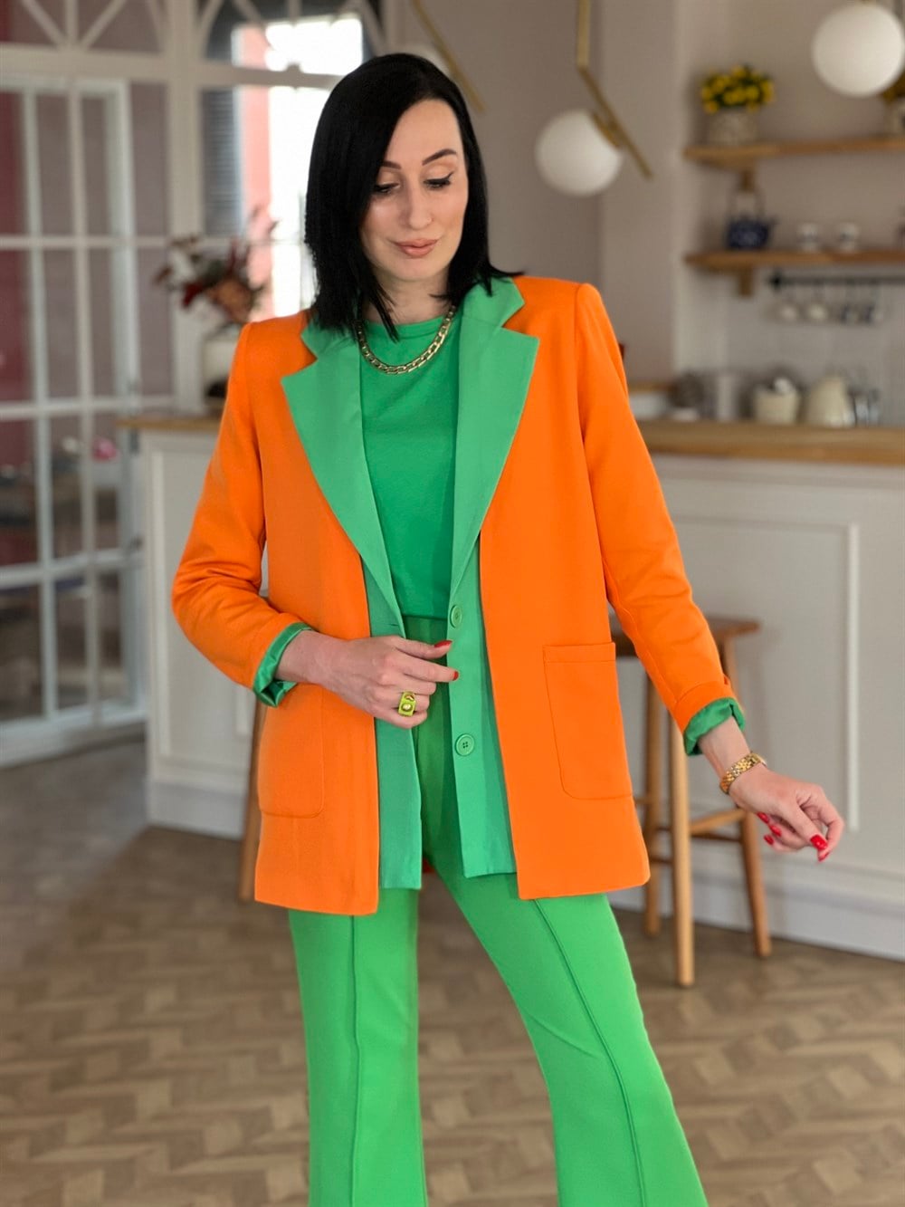 Turuncu Yeşil Renk Blazer Ceket