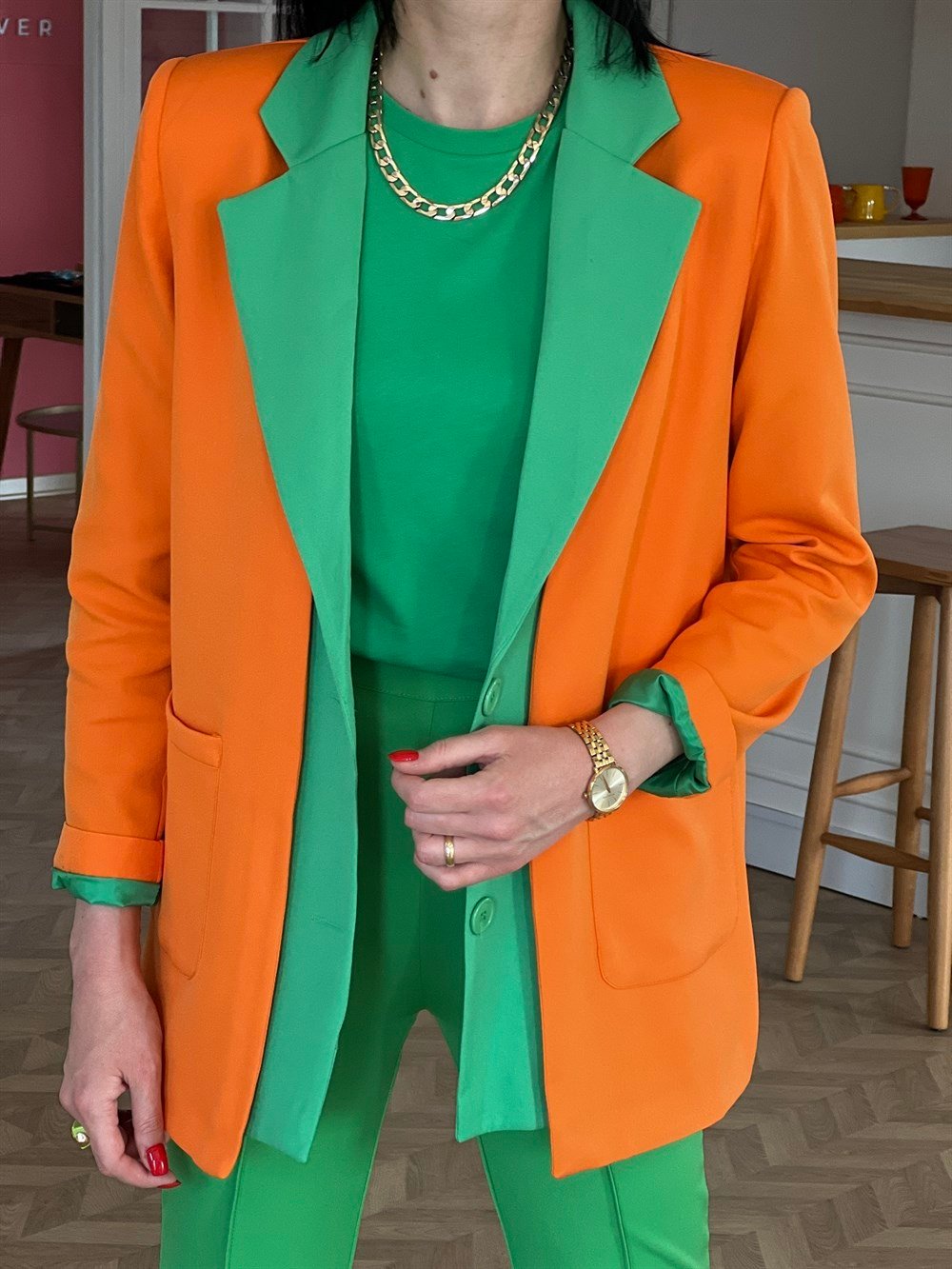 Turuncu Yeşil Renk Blazer Ceket