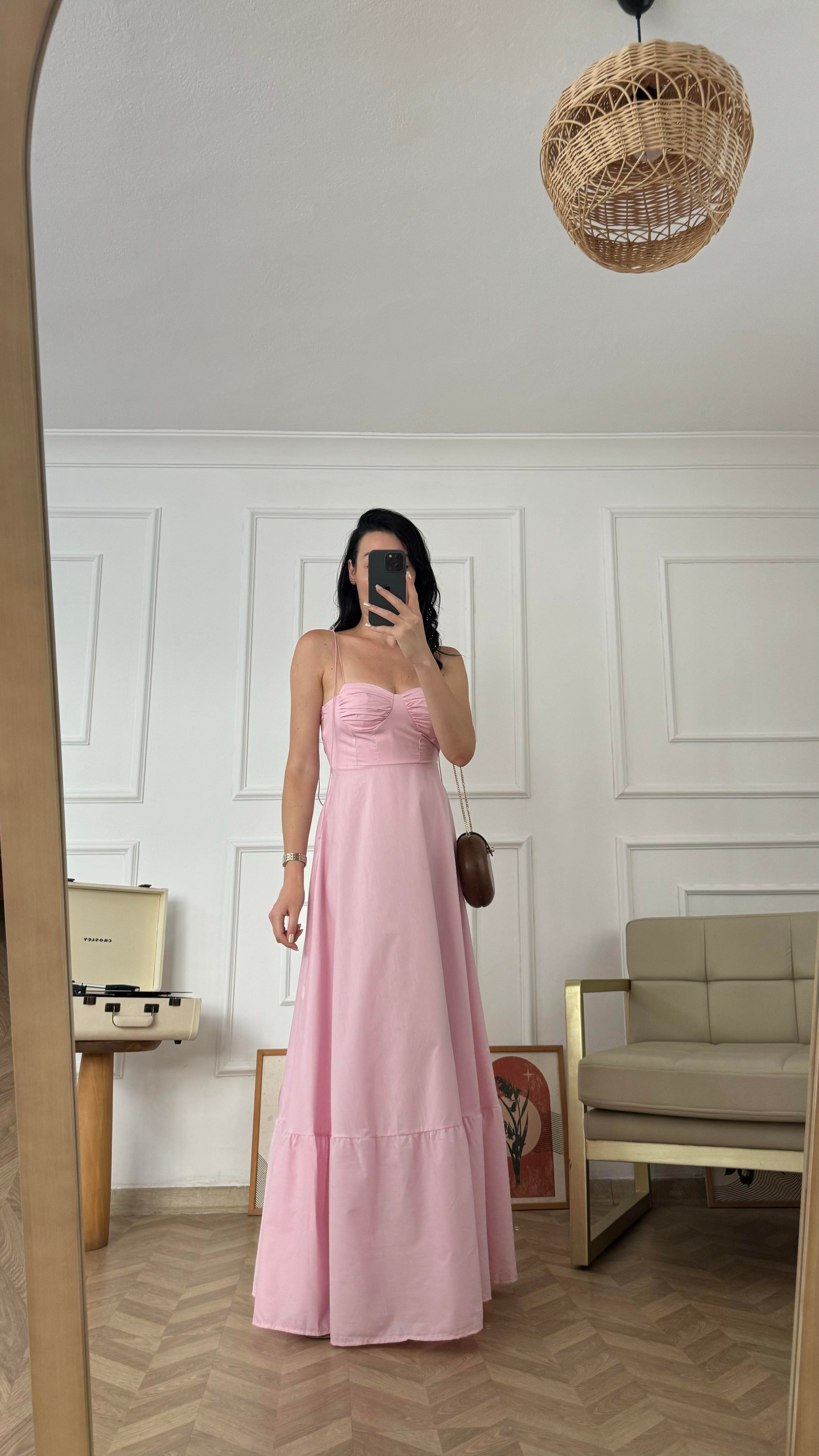 Uçuk Pembe İnce Askılı Elbise